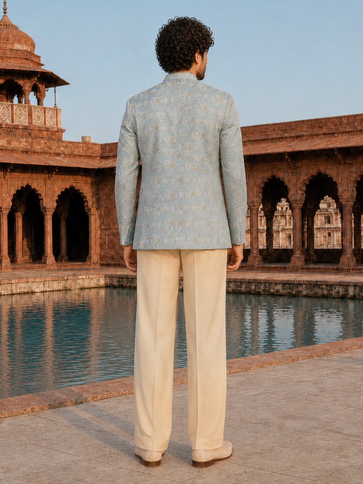 Men Aqua Embroidered Zari Work Waist Length Wide Leg Pant Sherwani Set