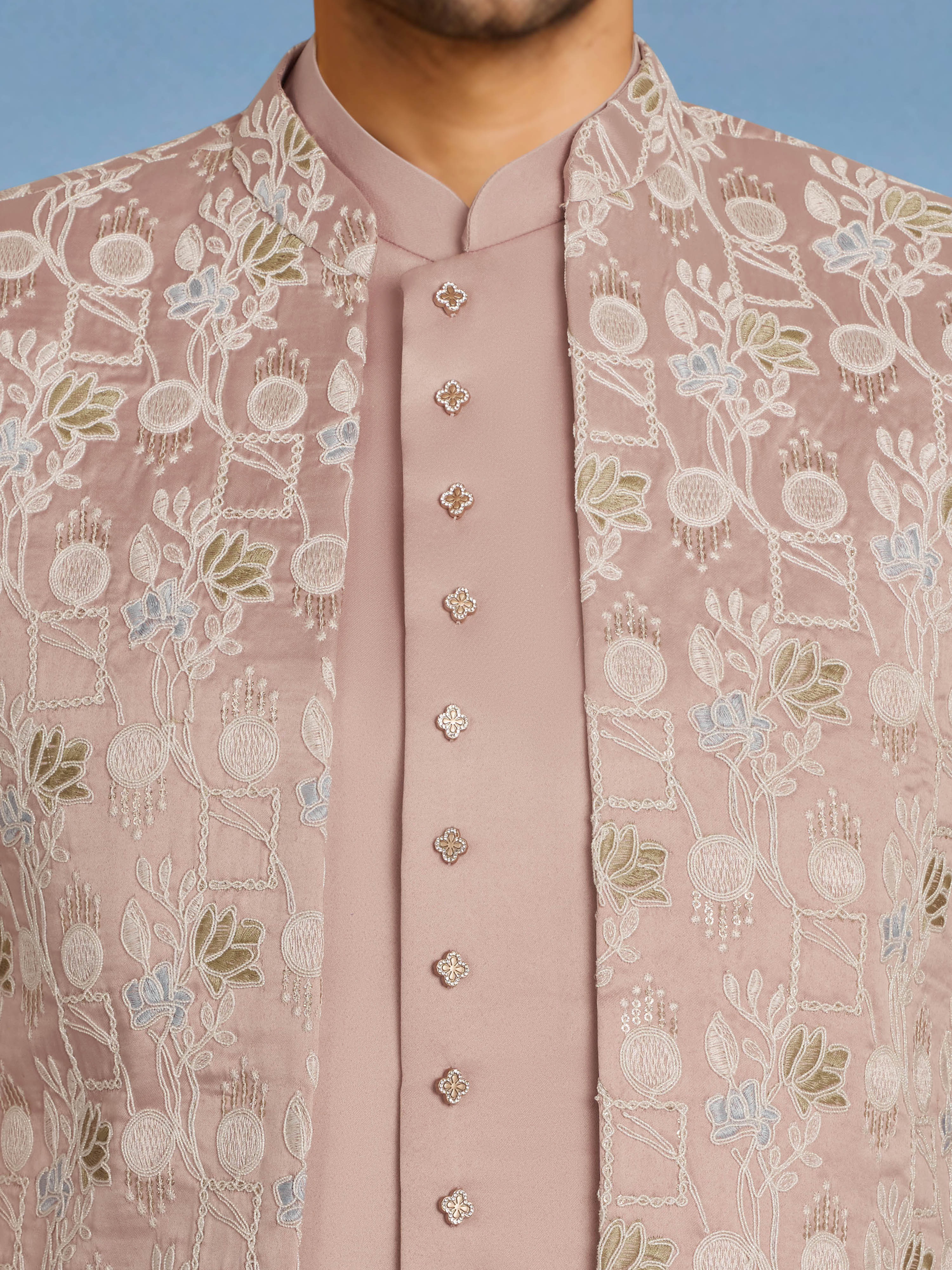 Men Pink Embroidered Thread Work Waist Length Straight PantSherwani Set