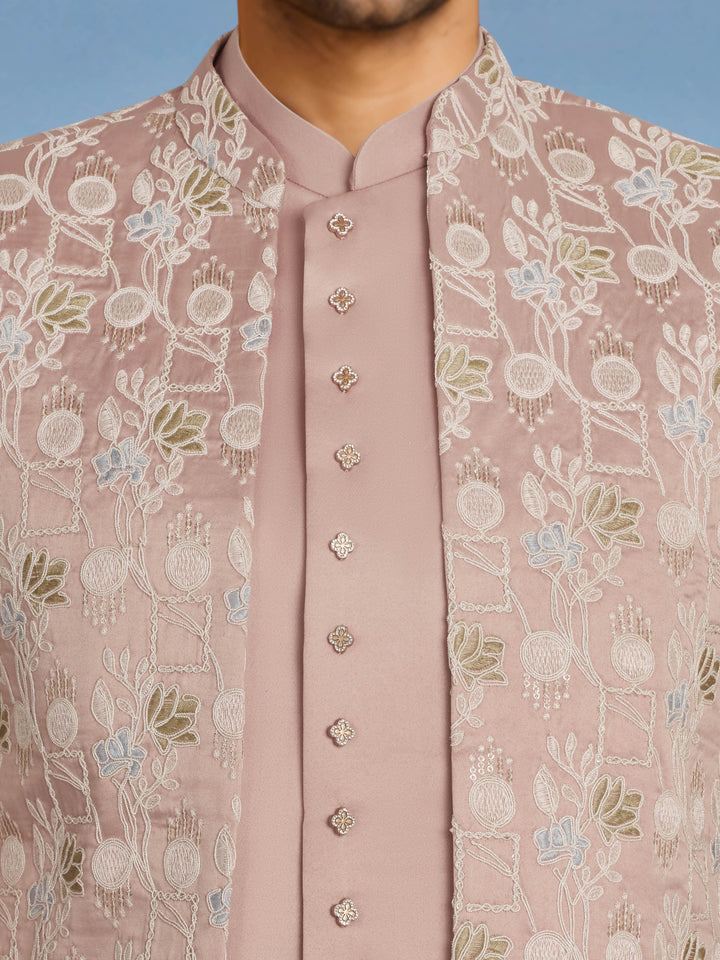 Men Pink Embroidered Thread Work Waist Length Straight Pant Sherwani Set