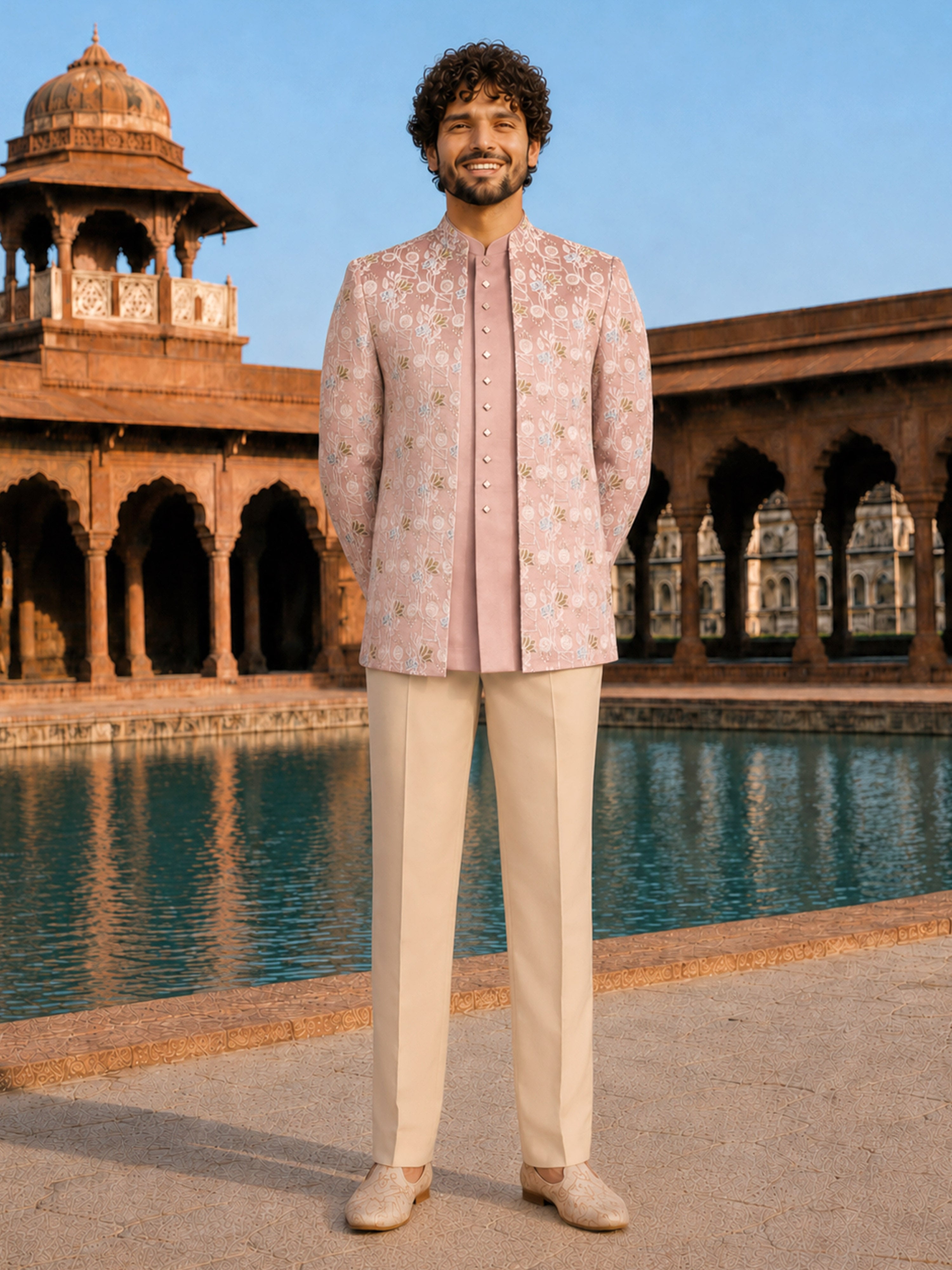 Men Pink Embroidered Thread Work Waist Length Straight PantSherwani Set
