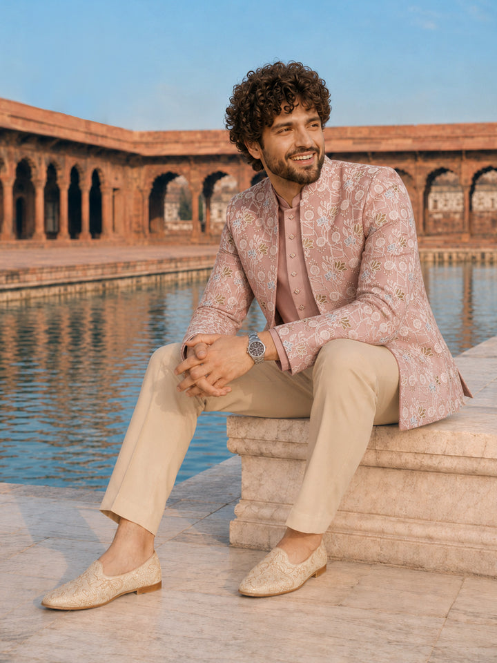 Men Pink Embroidered Thread Work Waist Length Straight Pant Sherwani Set