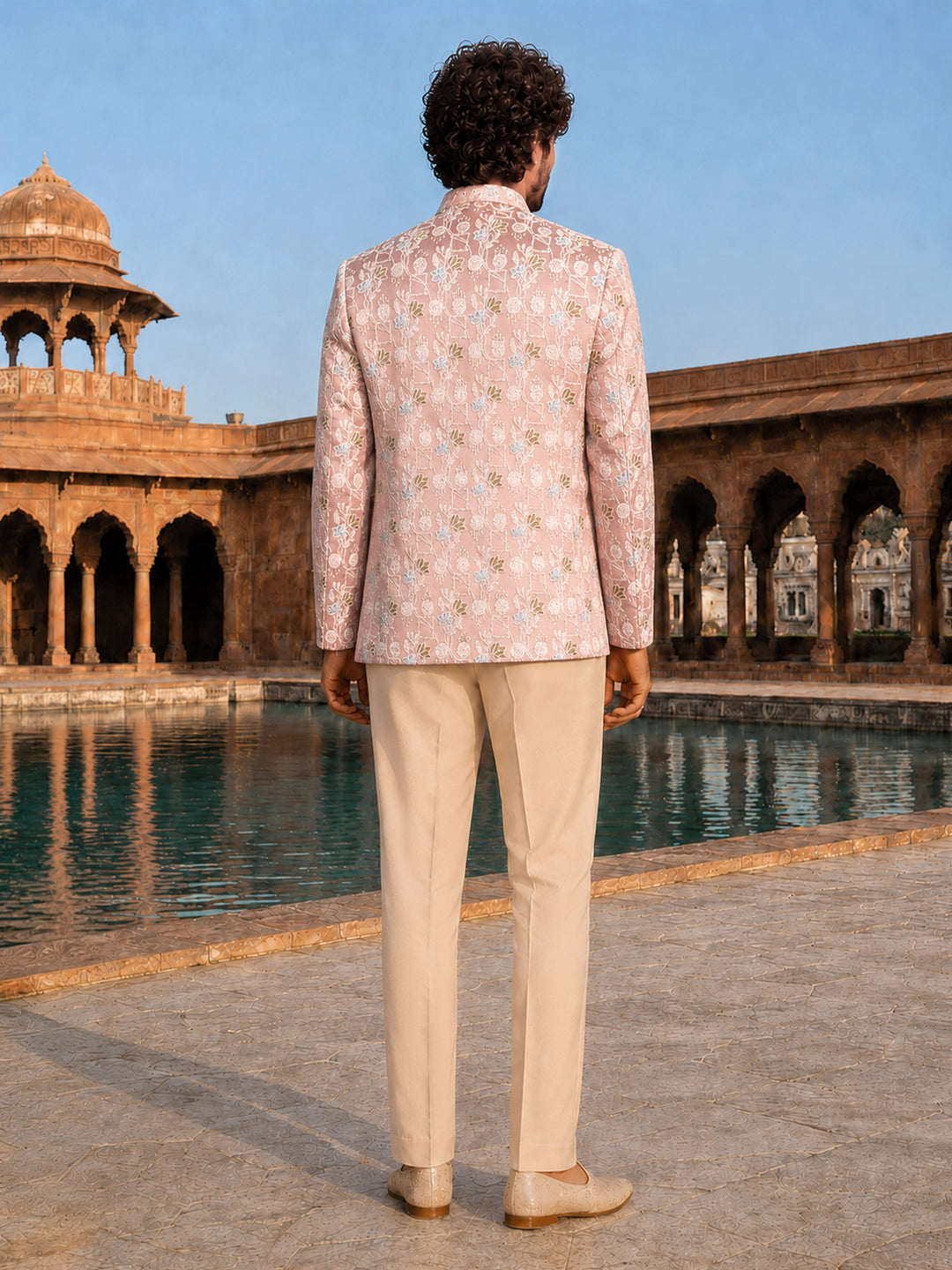 Men Pink Embroidered Thread Work Waist Length Straight Pant Sherwani Set