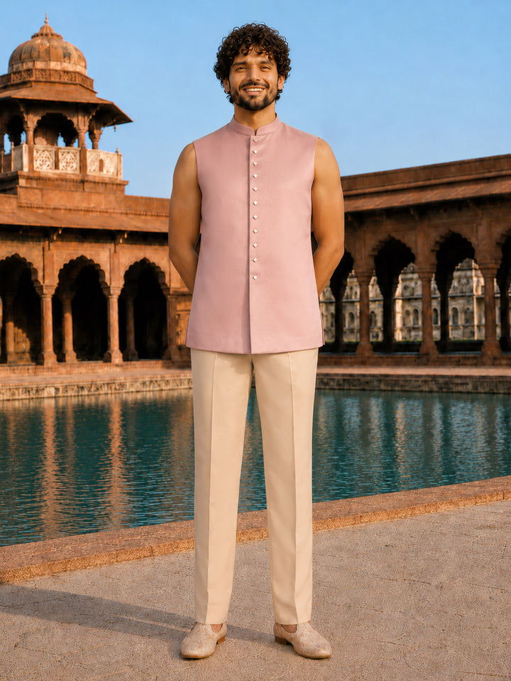 Men Pink Embroidered Thread Work Waist Length Straight Pant Sherwani Set