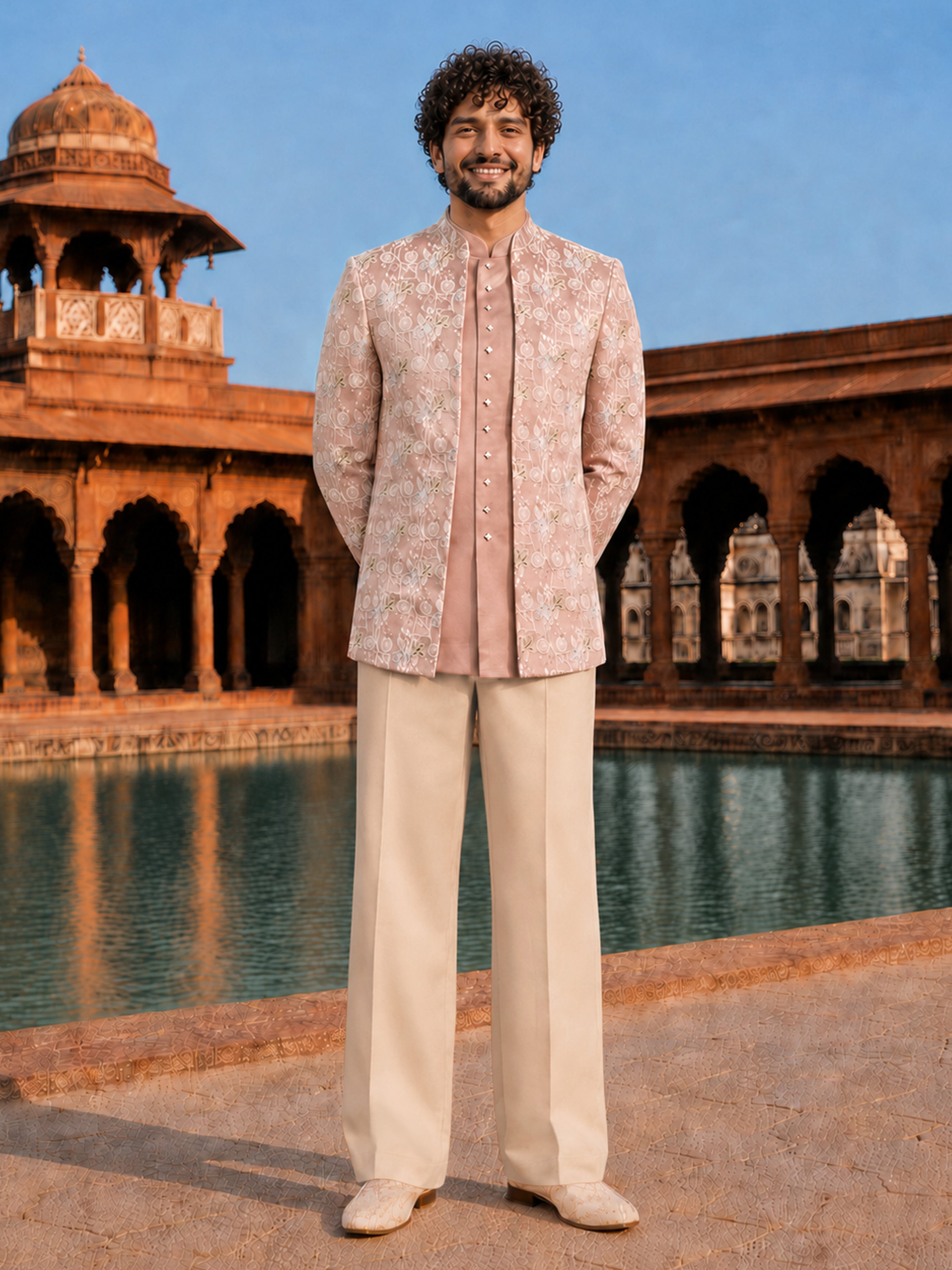 Men Pink & Cream Floral Zari Work Waist Length Sherwani Set with Wide Leg Pant