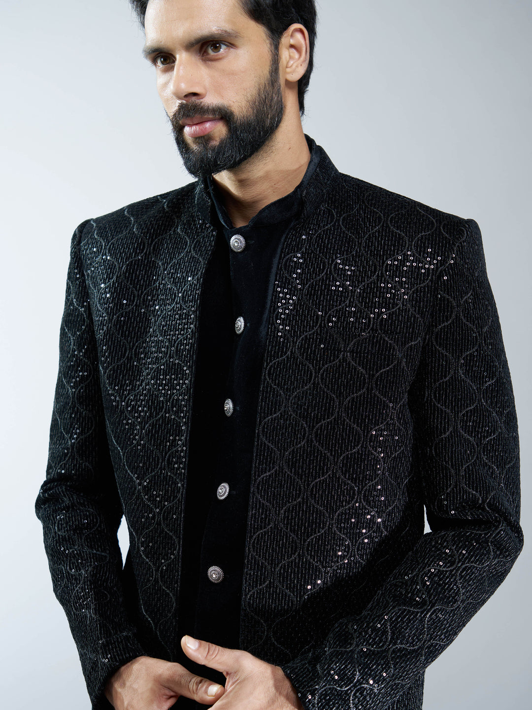 Men Black Velvet Indo-Western Bundled with Beige Cotton Lycra Pants Set