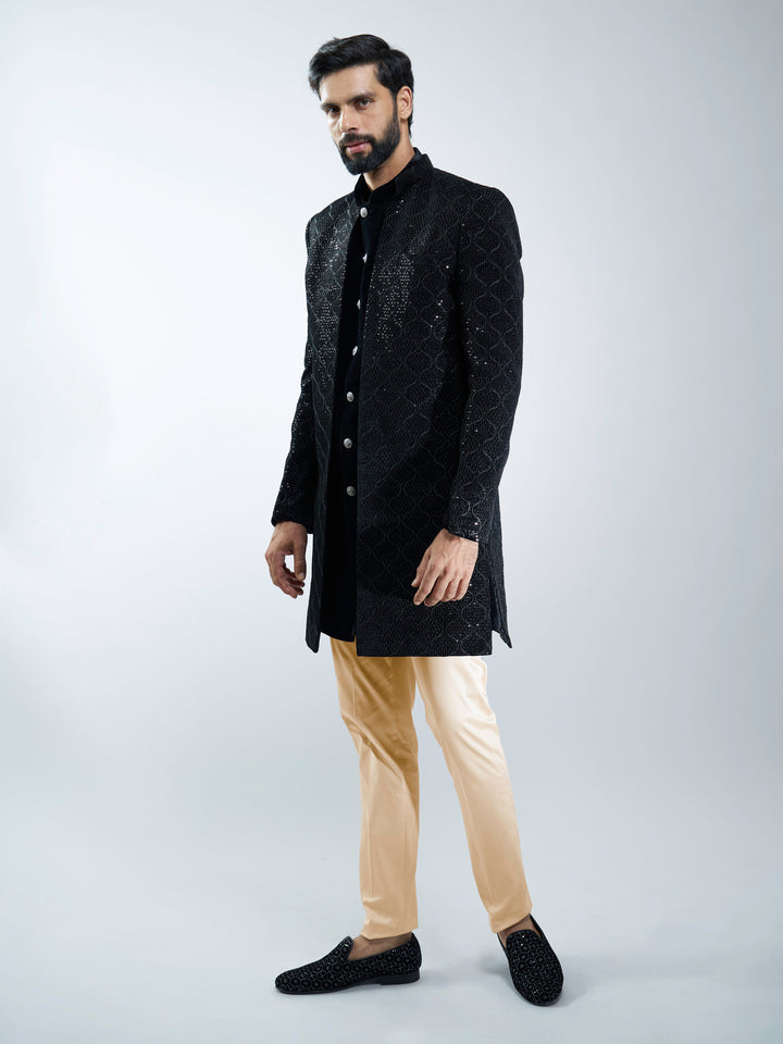Men Black Velvet Indo-Western Bundled with Beige Cotton Lycra Pants Set