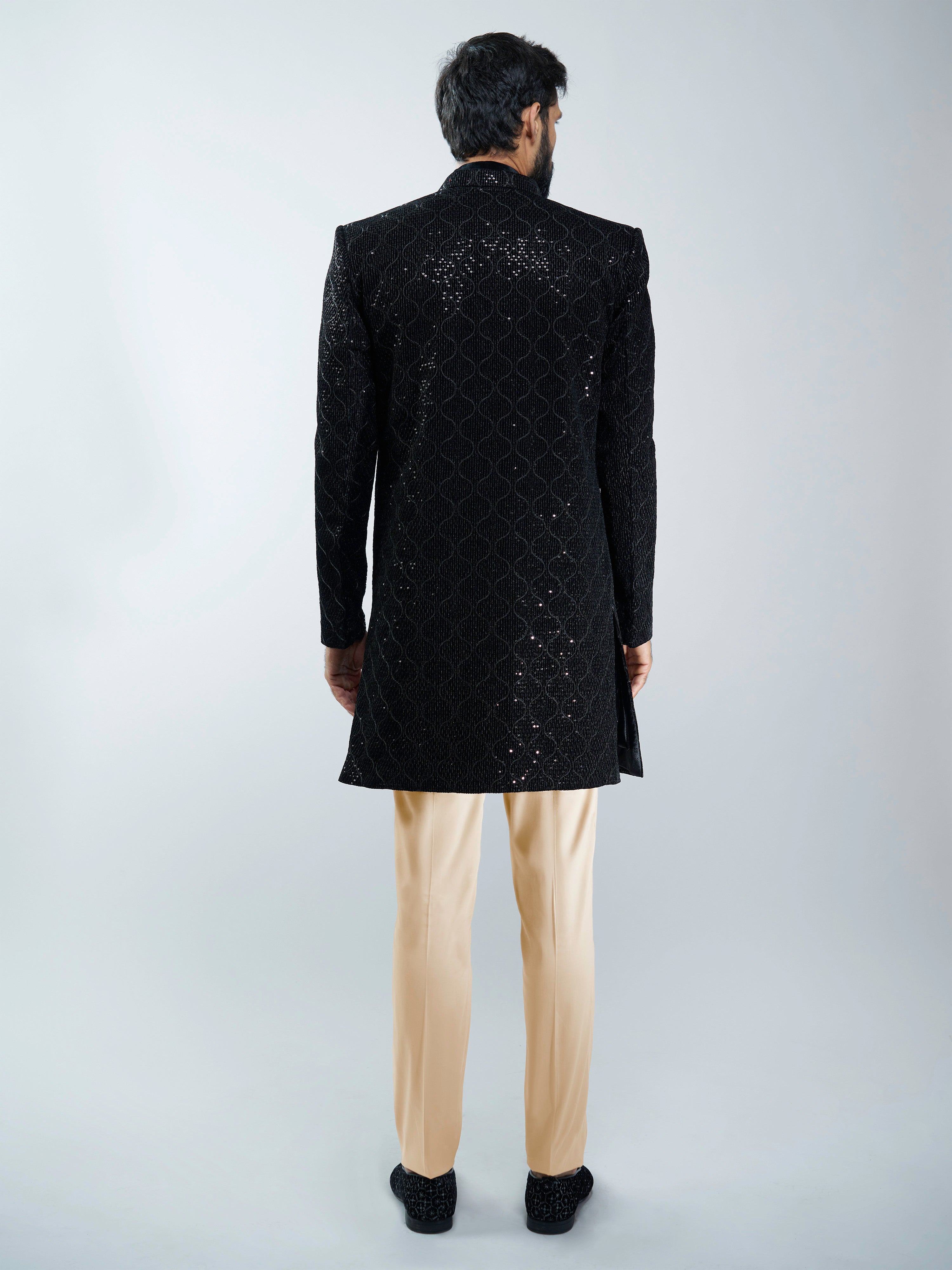 Men Black Velvet Indo-Western Bundled with Beige Cotton Lycra Pants Set
