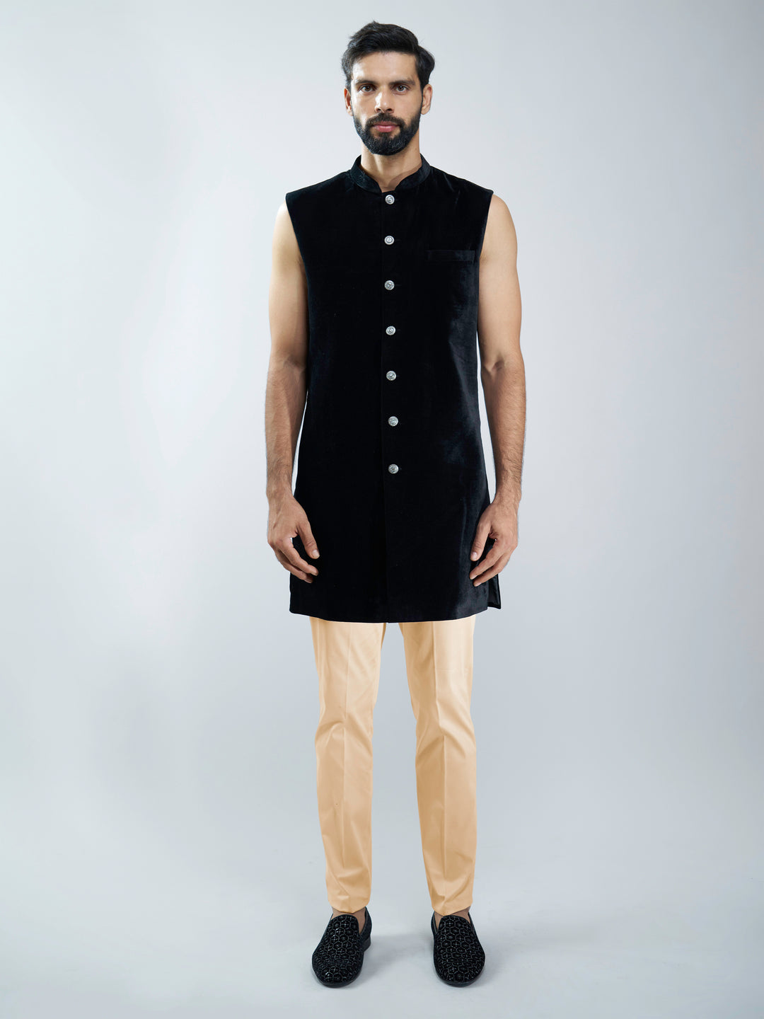 Men Black Velvet Indo-Western Bundled with Beige Cotton Lycra Pants Set