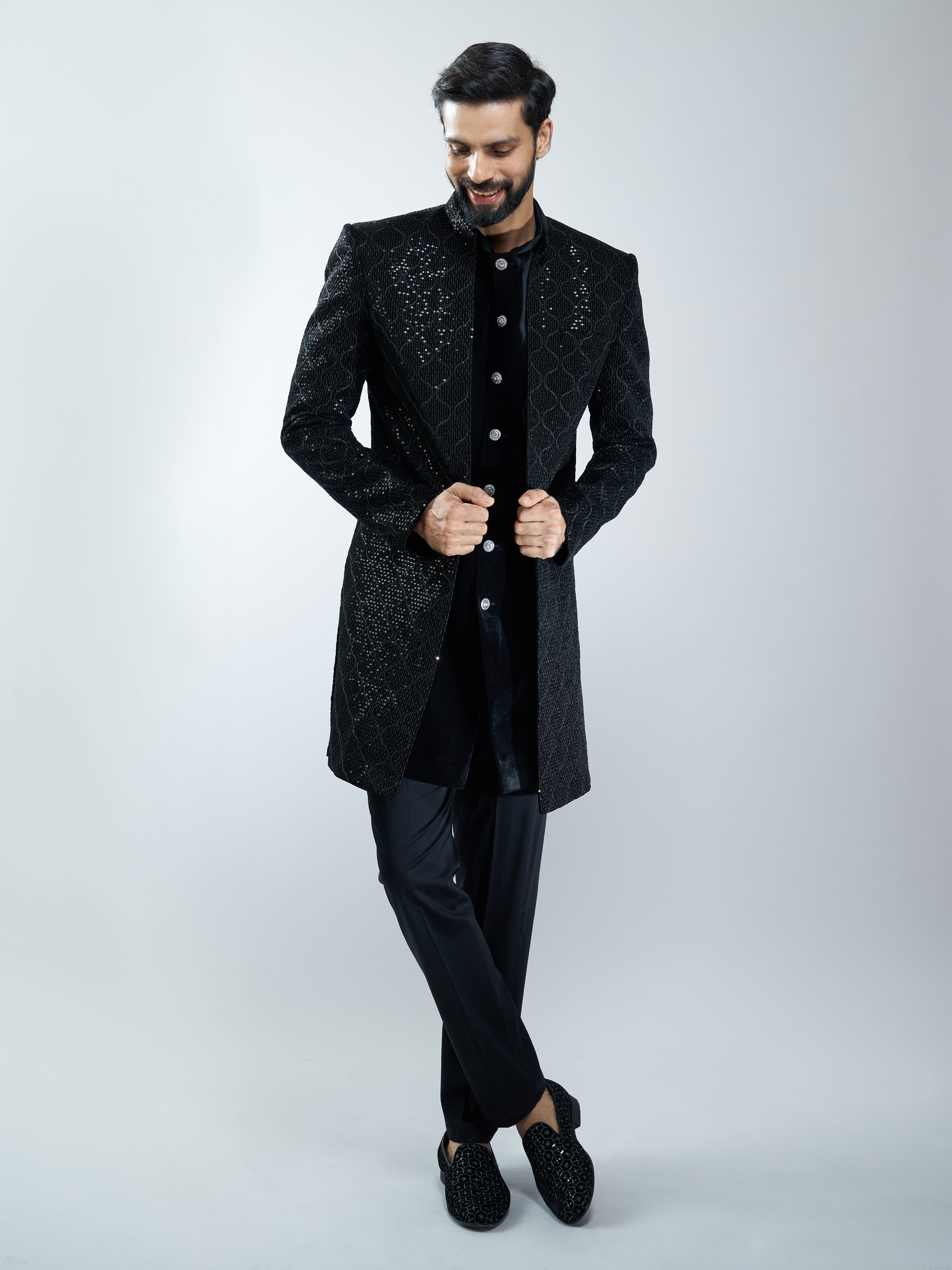 Men Black Velvet Embroidered Indo-Western Set with Black Pant