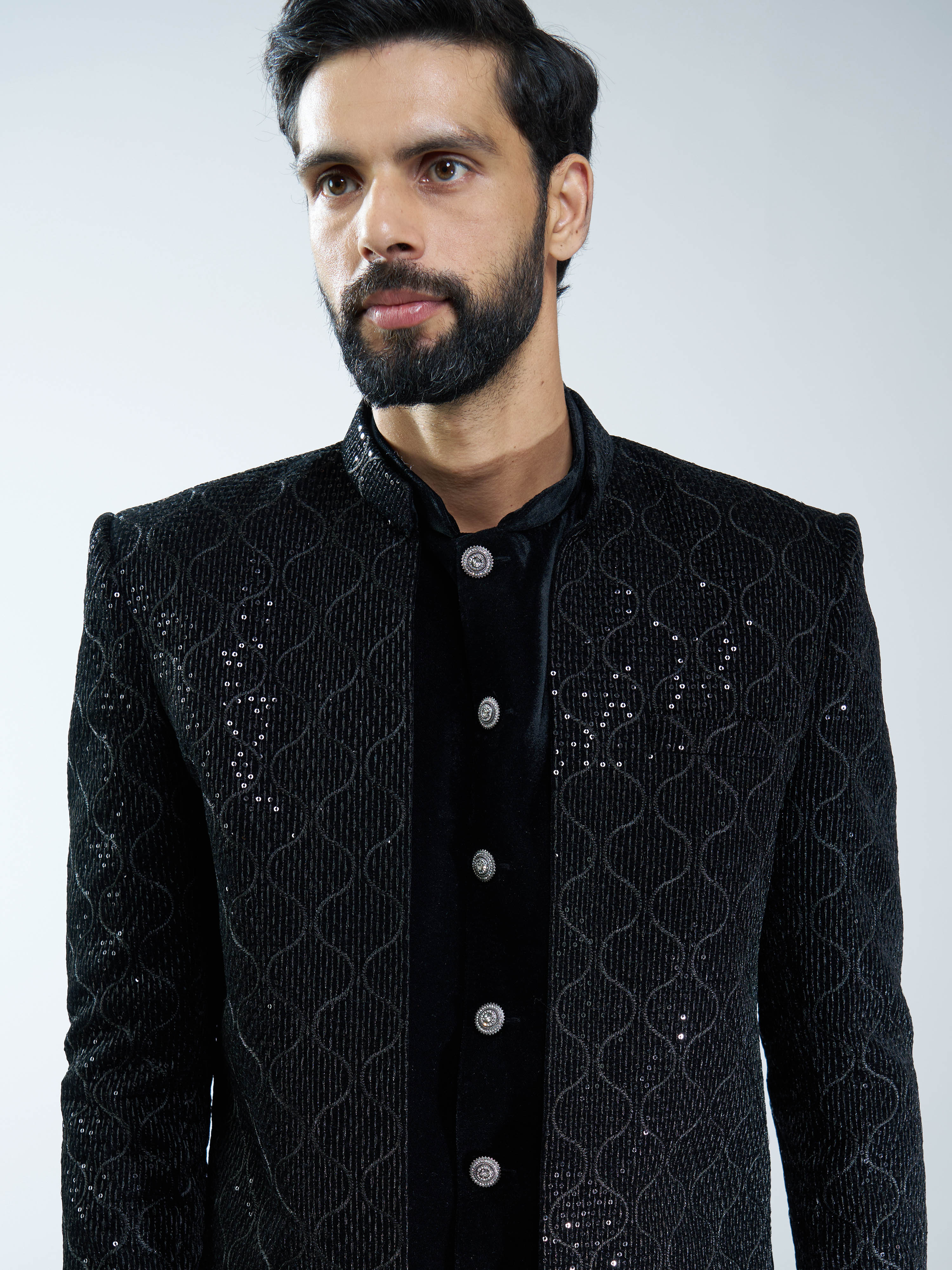 Men Black Velvet Embroidered Indo-Western Set with Black Pant