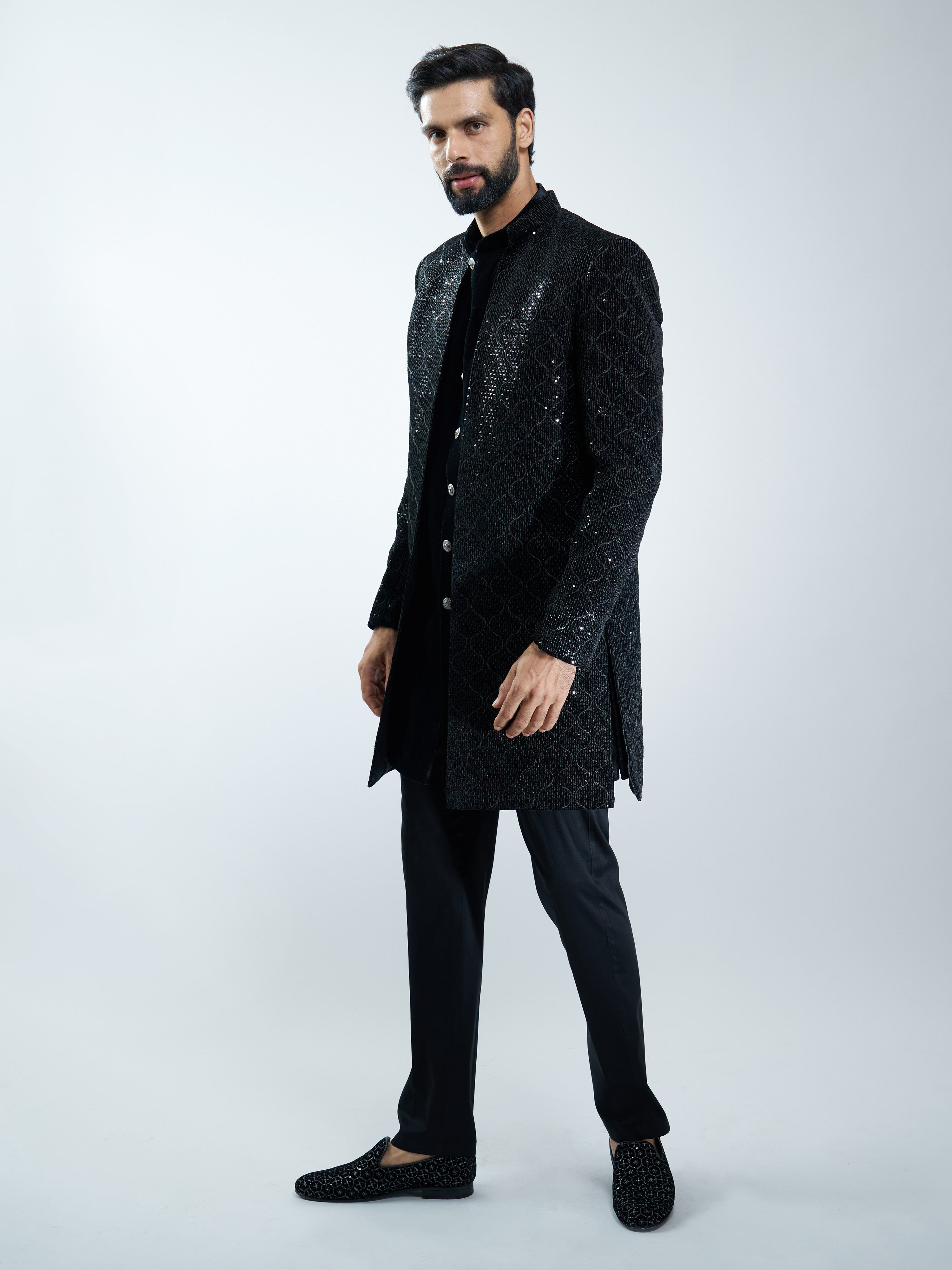 Men Black Velvet Embroidered Indo-Western Set with Black Pant