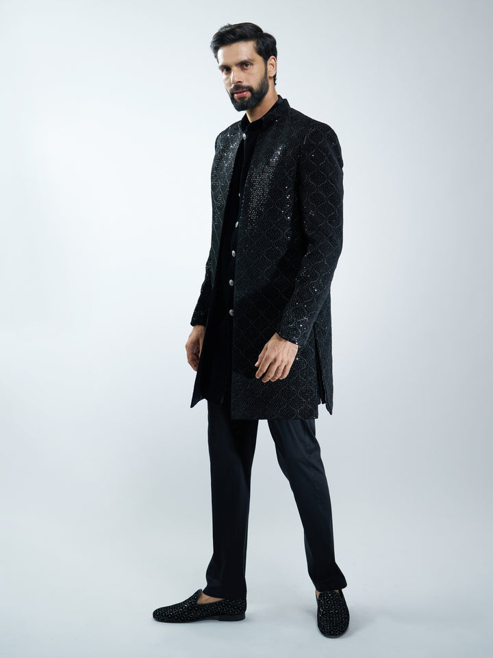 Men Black Velvet Embroidered Indo-Western Set with Black Pant