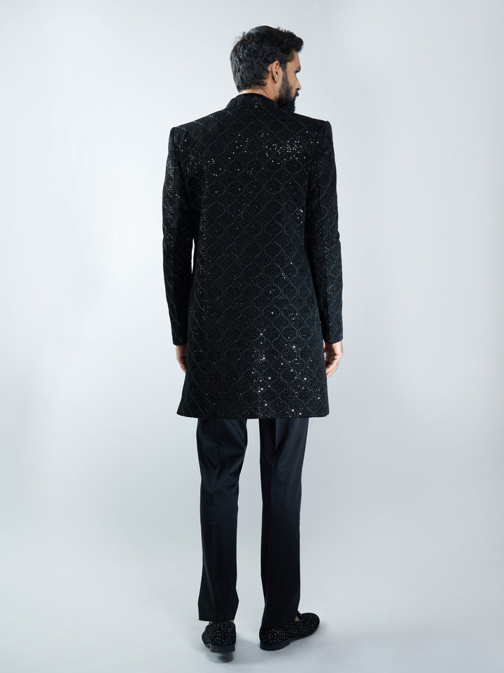 Men Black Velvet Embroidered Indo-Western Set with Black Pant