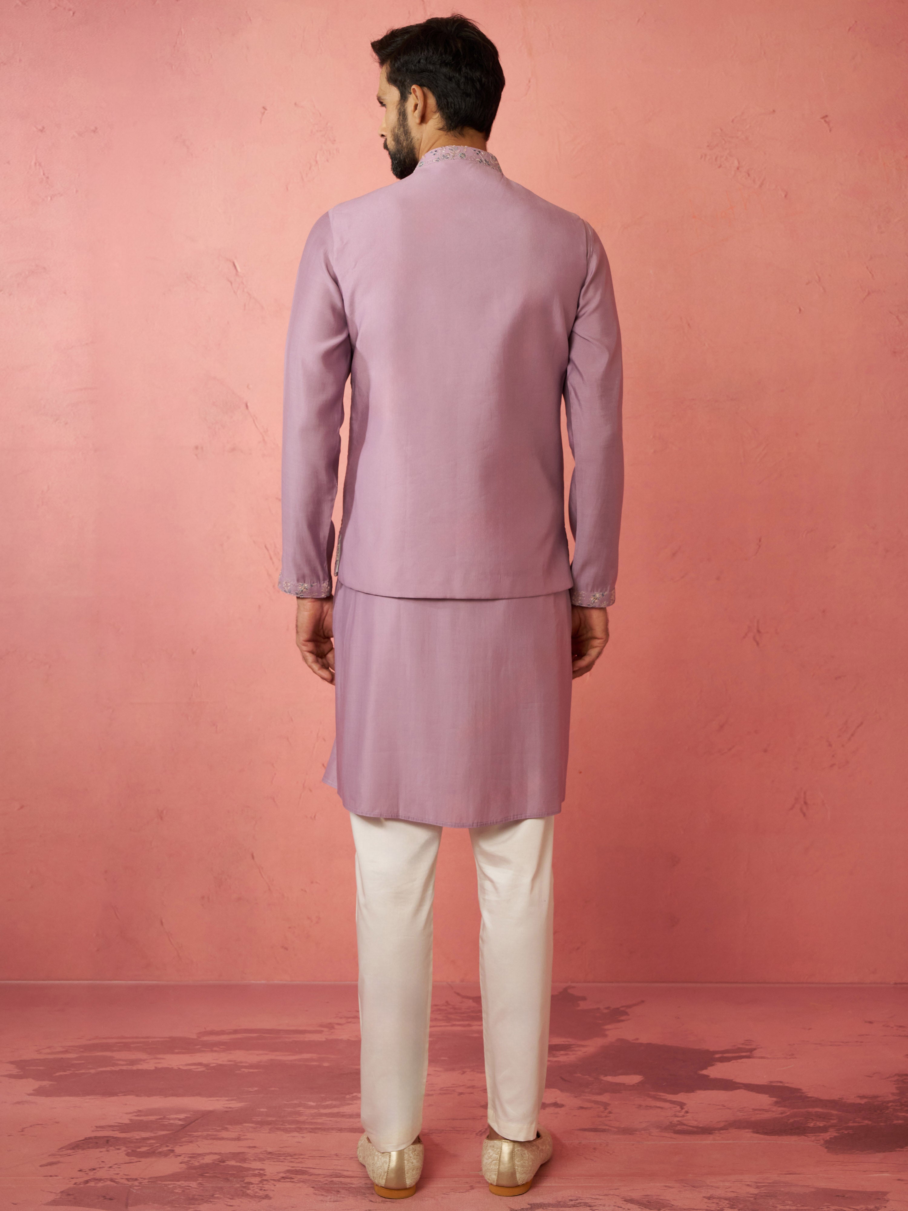 Men's Lavender Kurta Jacket Set with Cream Pyjama