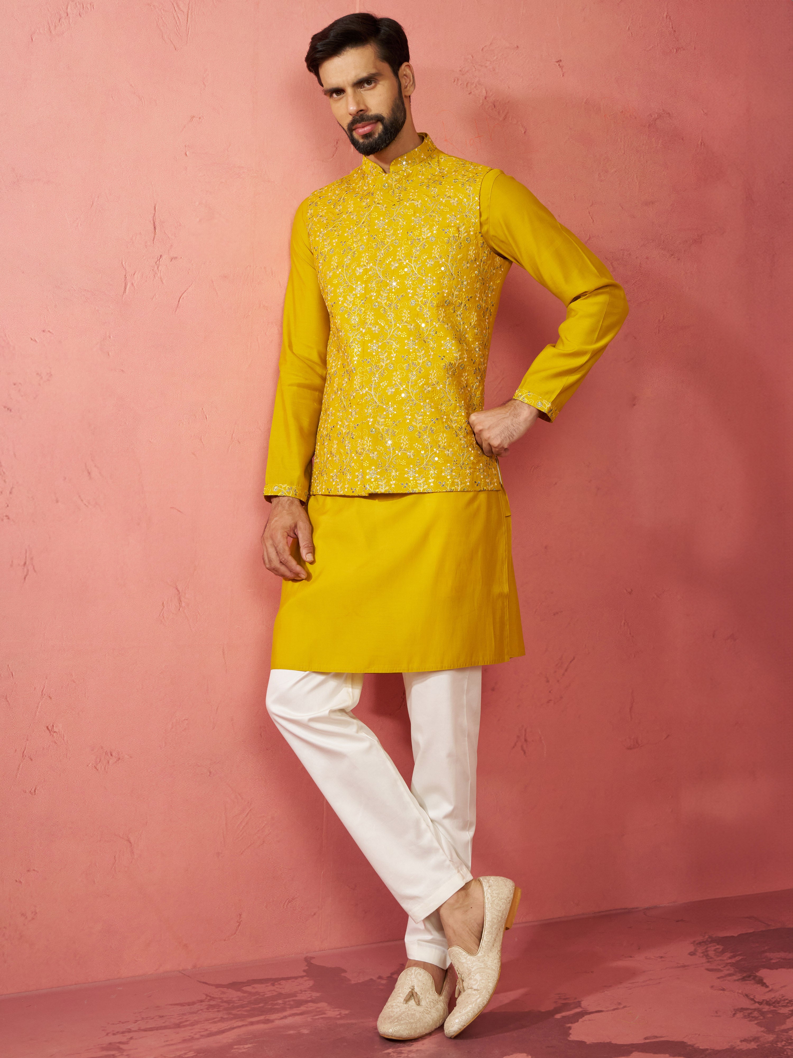 Men's Mustard Nehru Jacket Kurta Set with Pyjama