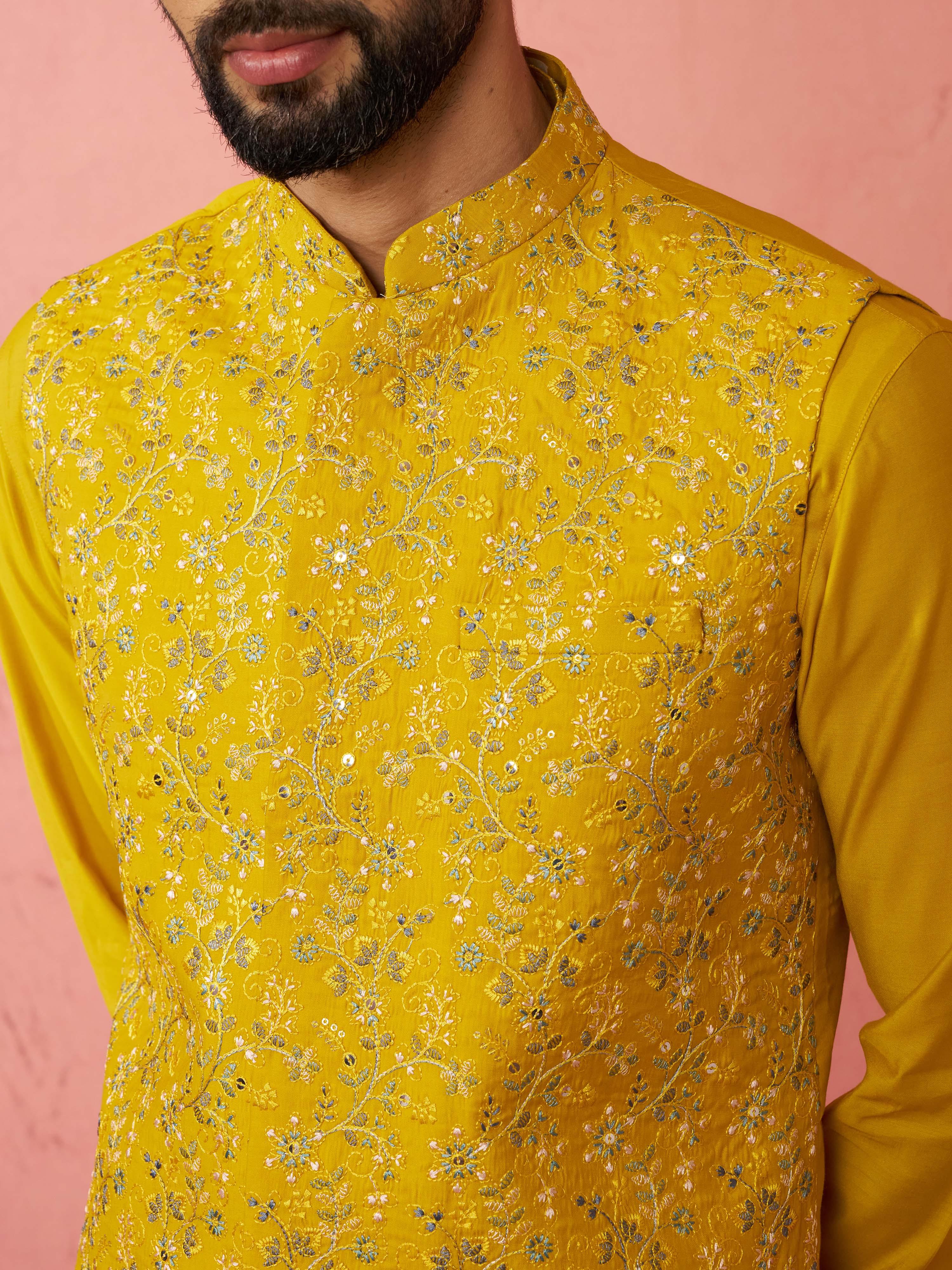 Men's Mustard Nehru Jacket Kurta Set with Pyjama