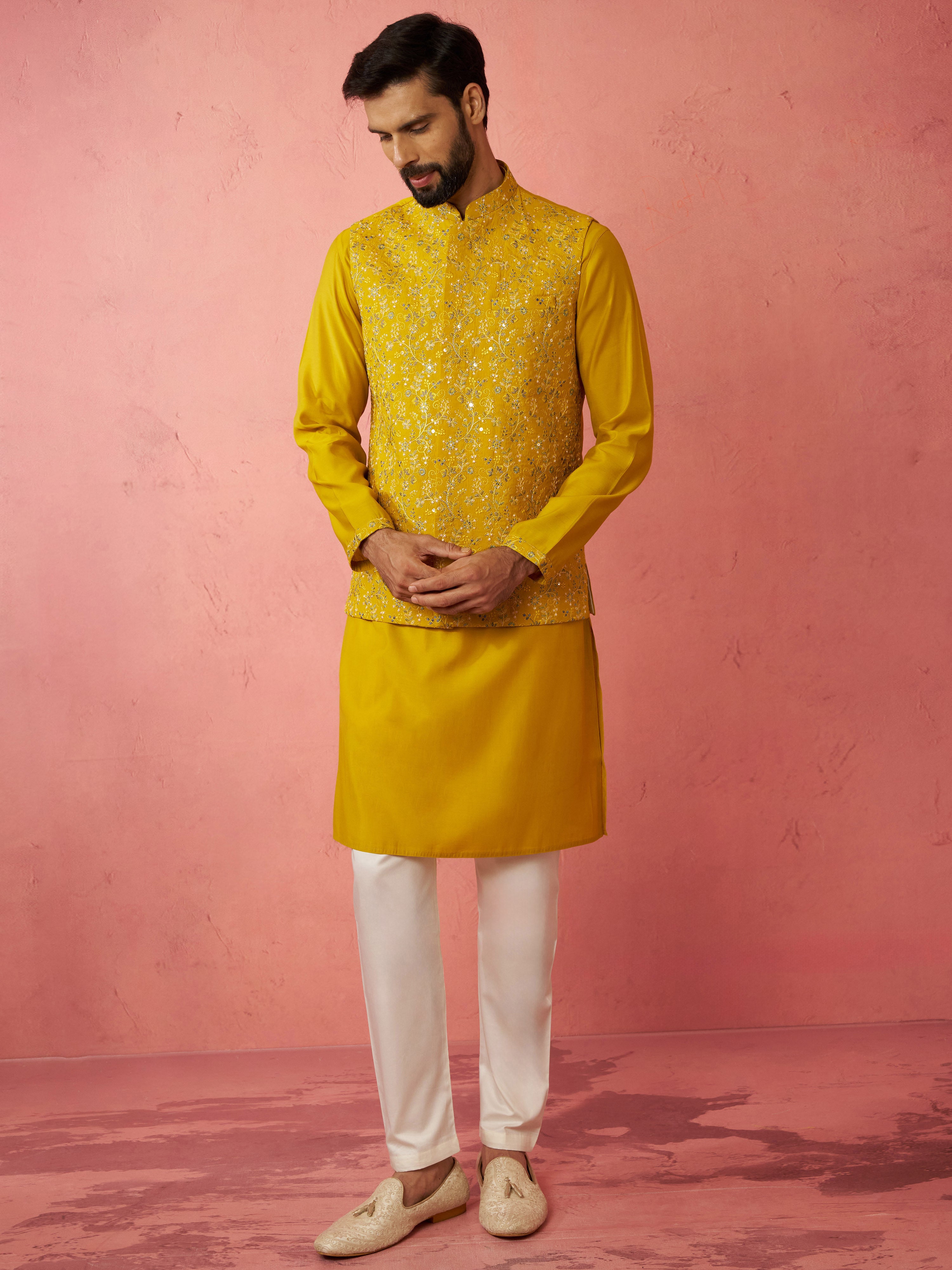 Men's Mustard Nehru Jacket Kurta Set with Pyjama