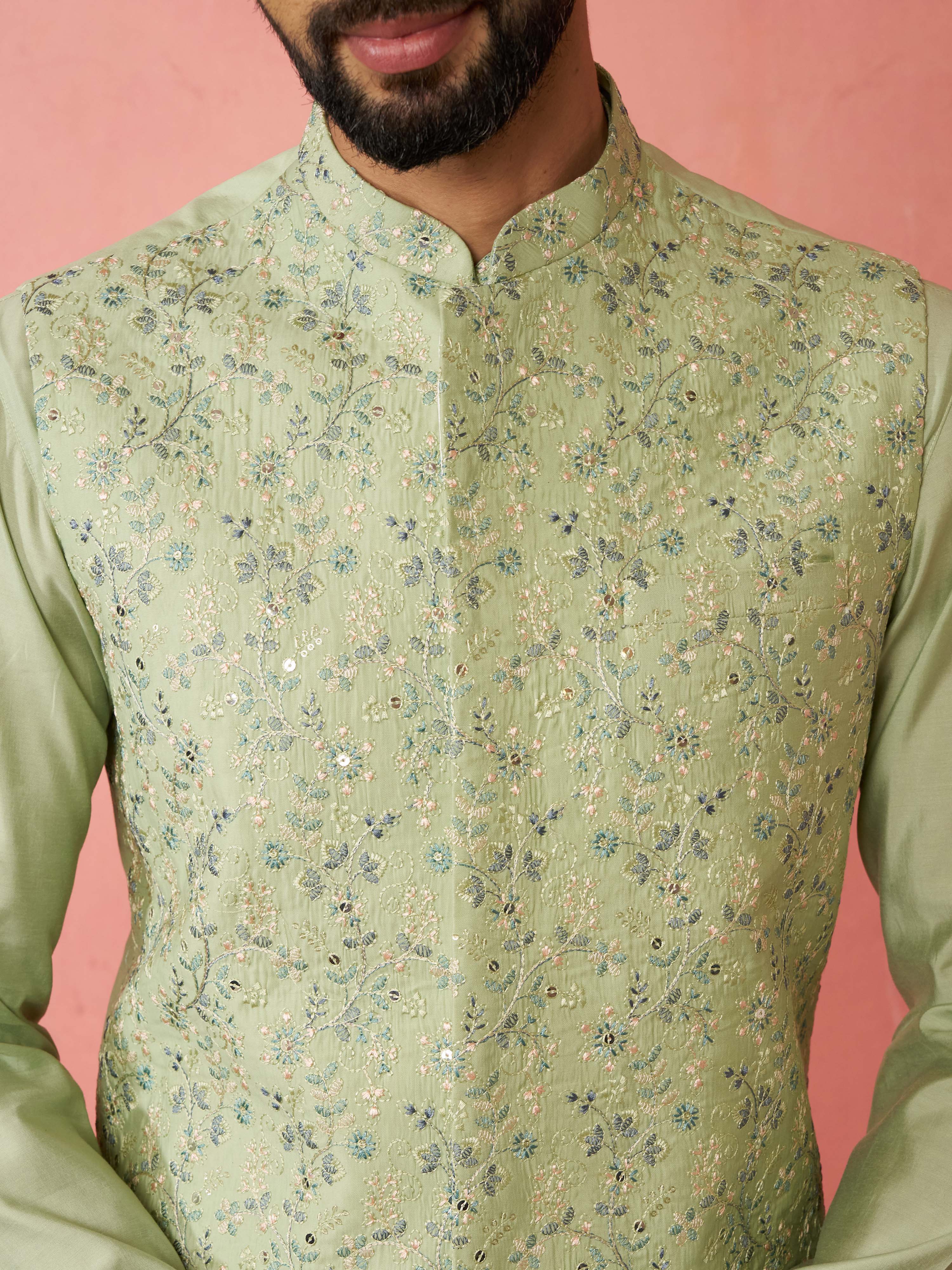 Men's Pista Green Nehru Jacket Kurta Set with Pyjama