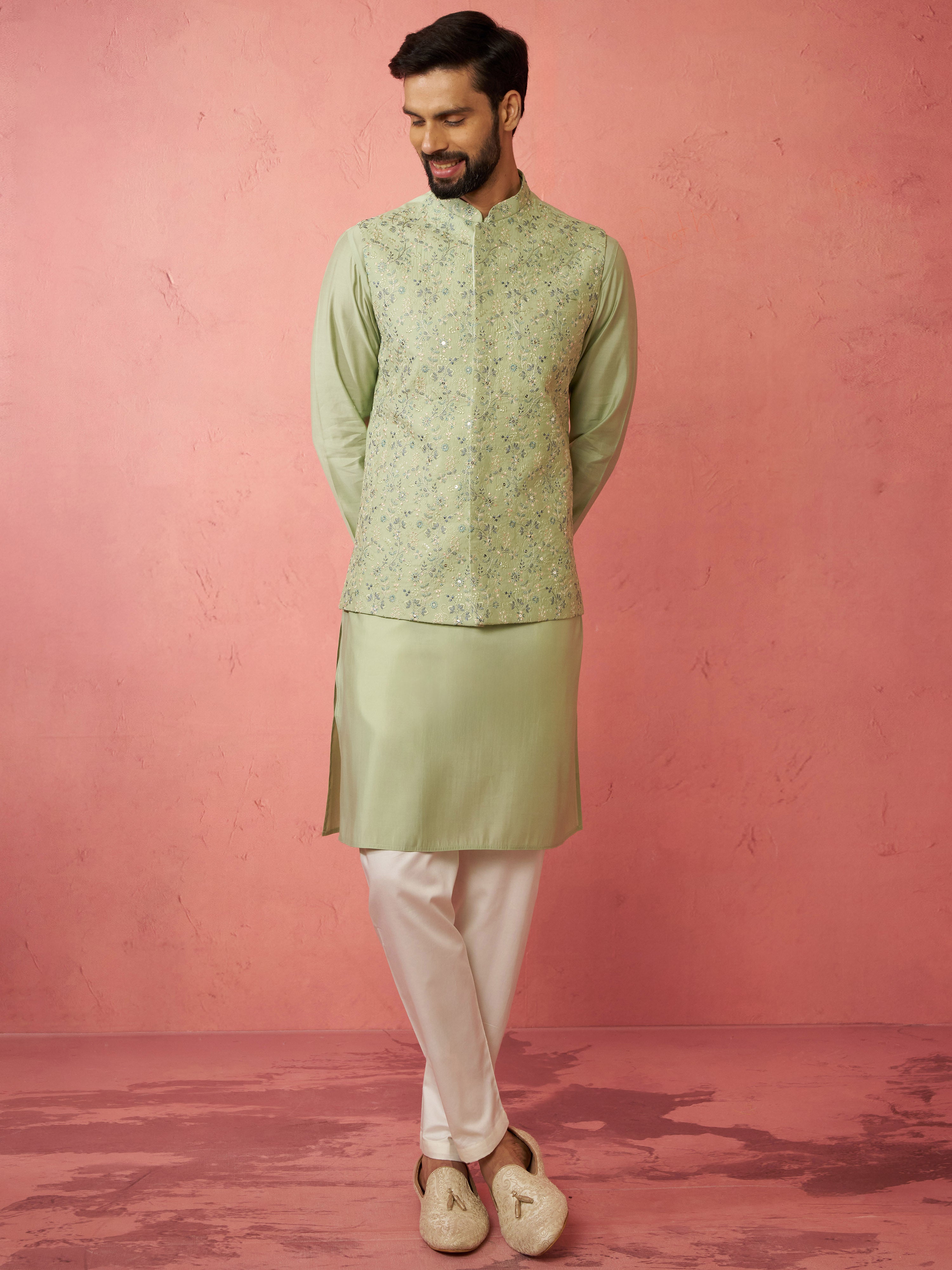 Men's Pista Green Nehru Jacket Kurta Set with Pyjama