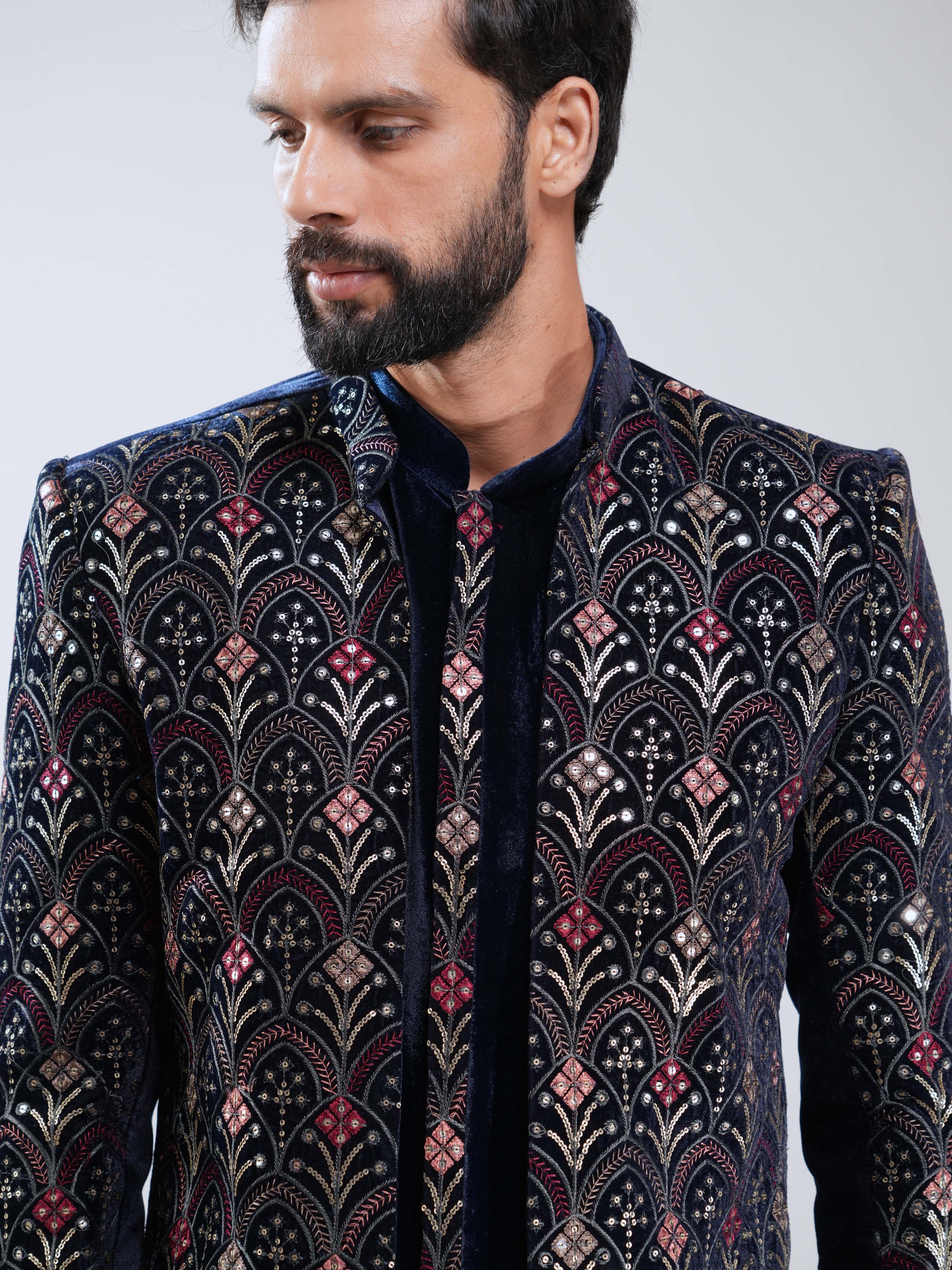 Men Navy Blue Velvet Embroidered Indo-Western Set with Cream Pant