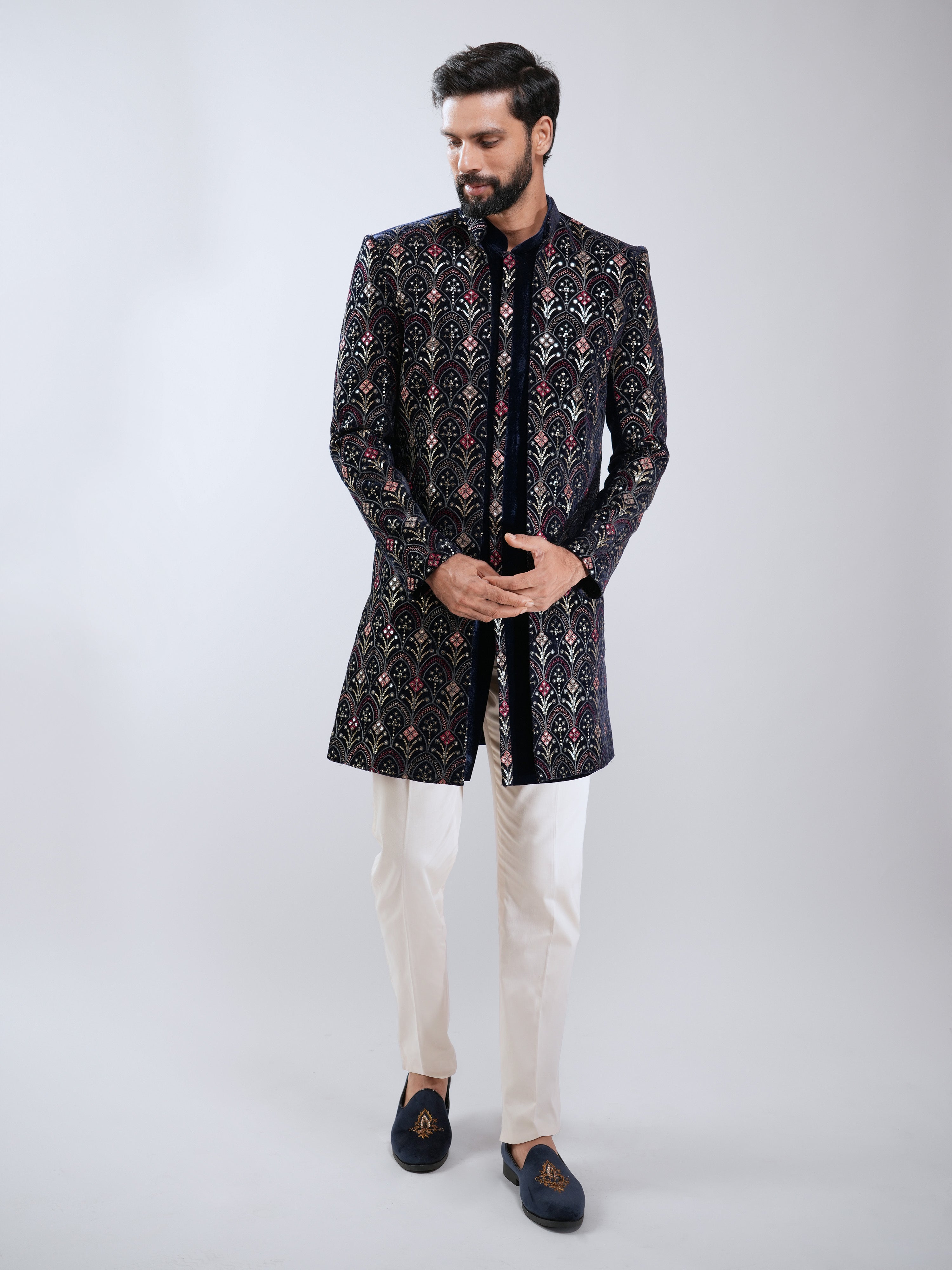Men Navy Blue Velvet Embroidered Indo-Western Set with Cream Pant
