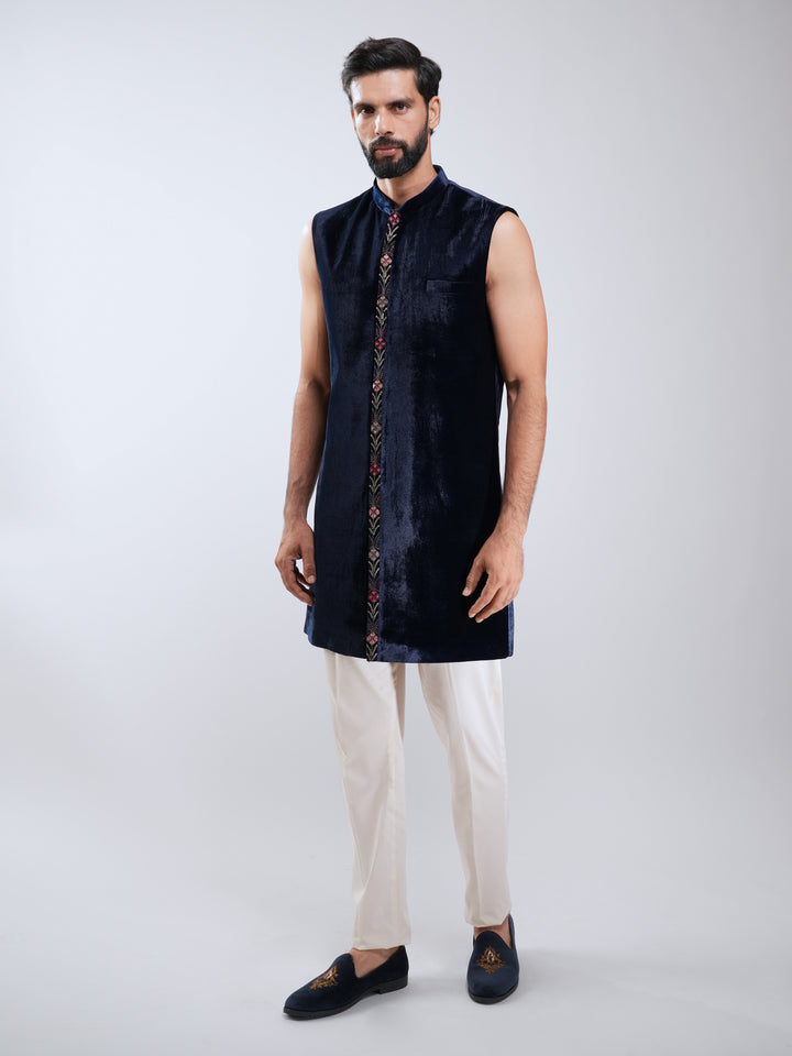 Men Navy Blue Velvet Embroidered Indo-Western Set with Cream Pant