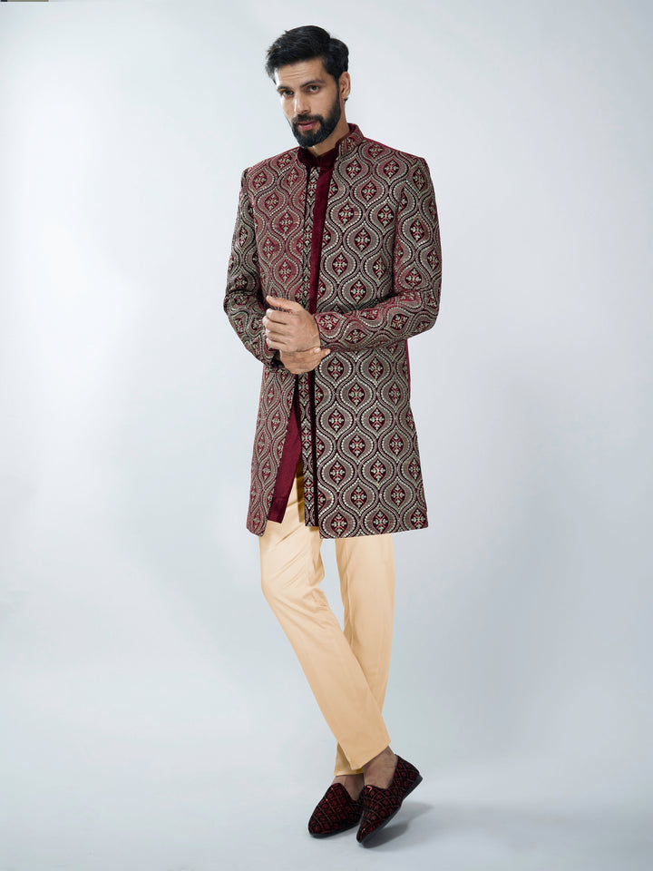 Men Black Velvet Embroidered Indo-Western Set with Black Pant