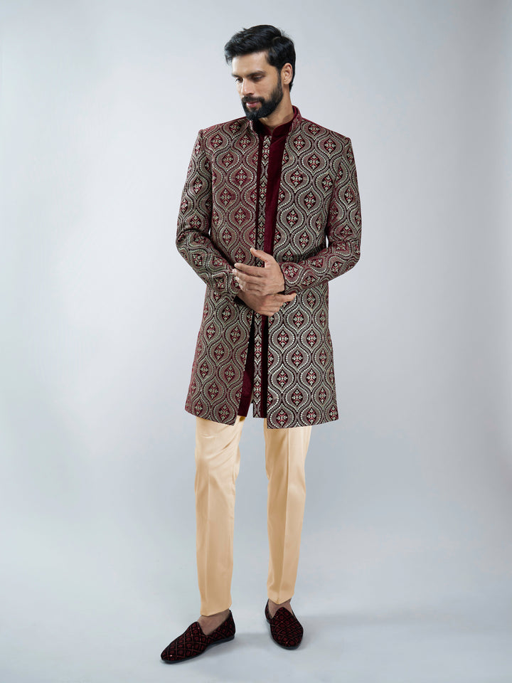 Men Black Velvet Embroidered Indo-Western Set with Black Pant