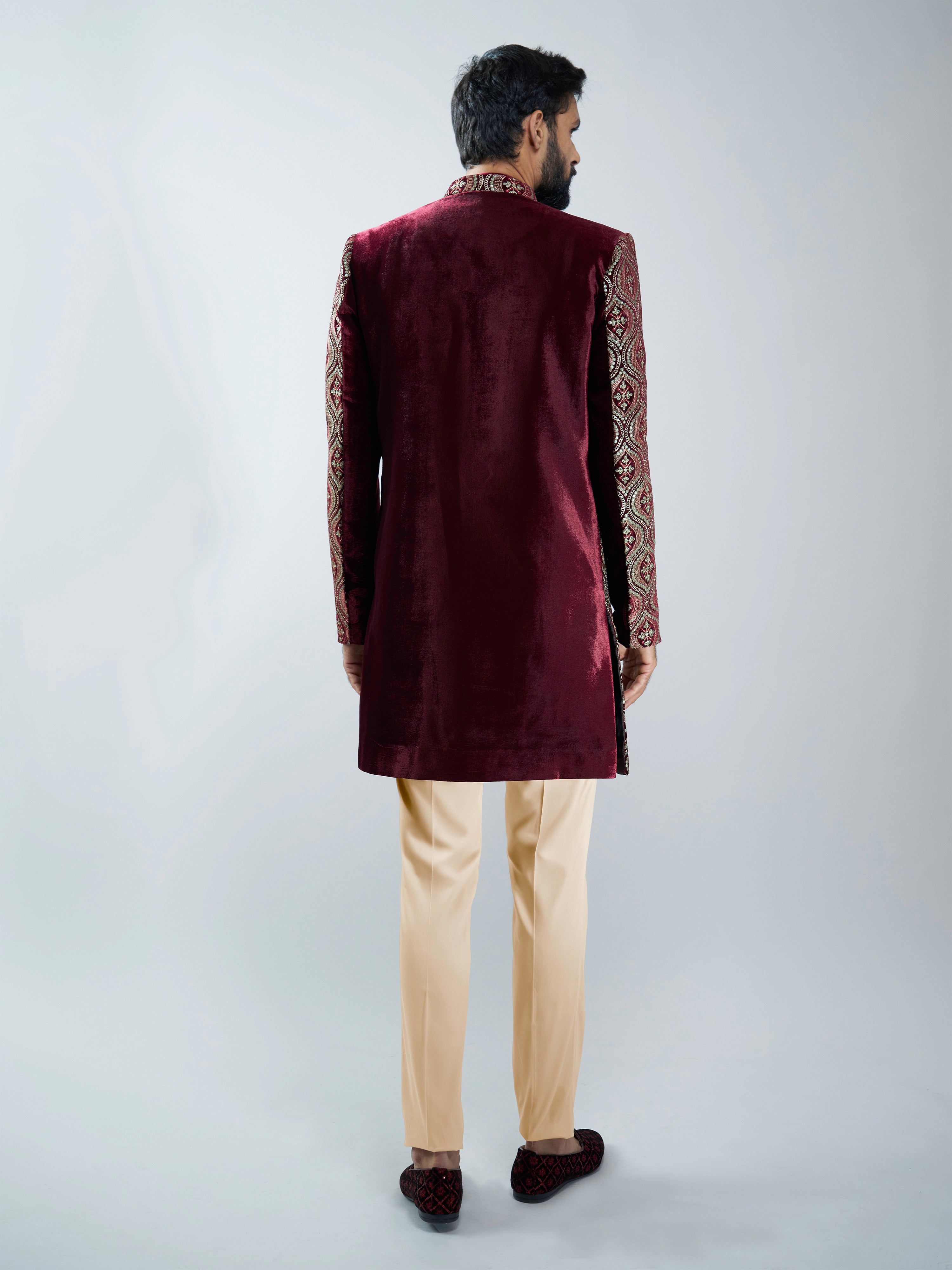 Men Black Velvet Embroidered Indo-Western Set with Black Pant