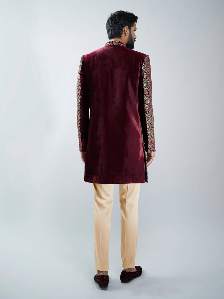 Men Black Velvet Embroidered Indo-Western Set with Black Pant