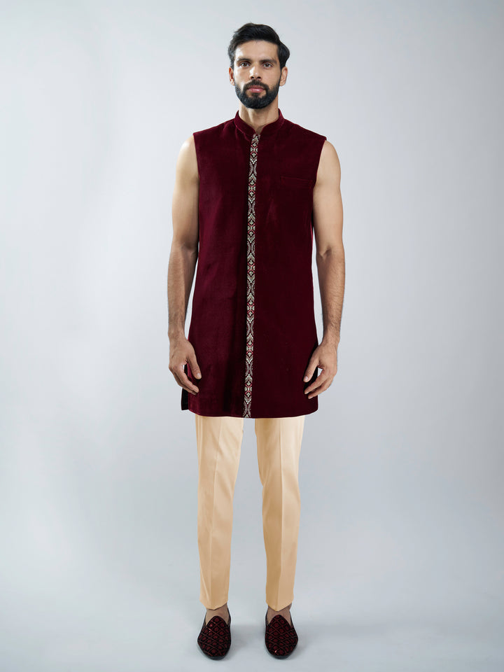 Men Black Velvet Embroidered Indo-Western Set with Black Pant