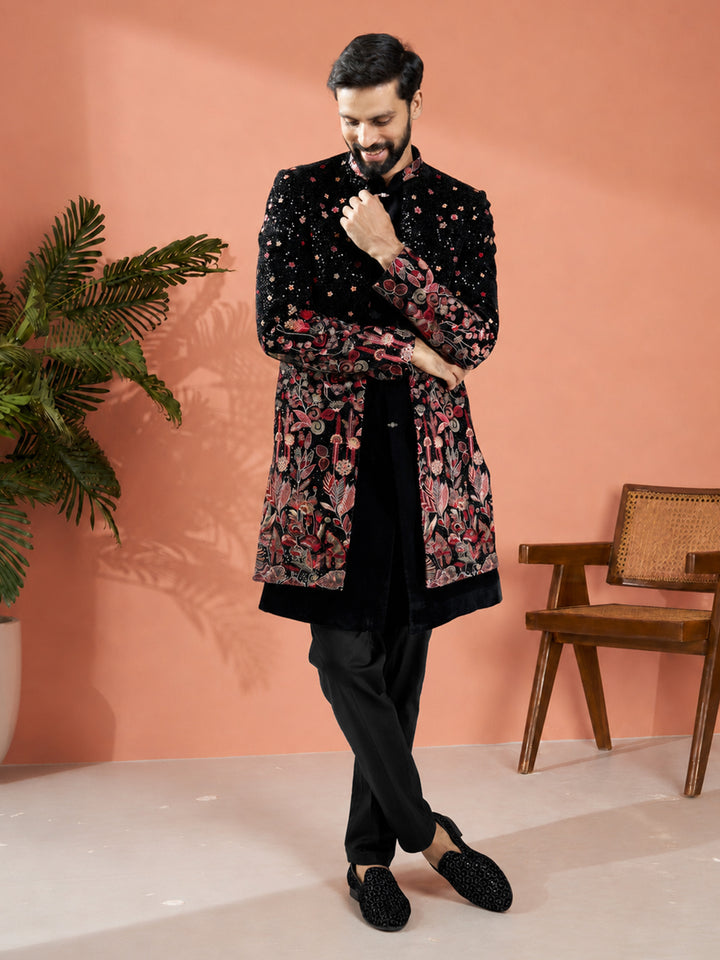 Men Black Velvet Floral Embroidered Indo-Western Bundled with Black Cotton Lycra Pants Set