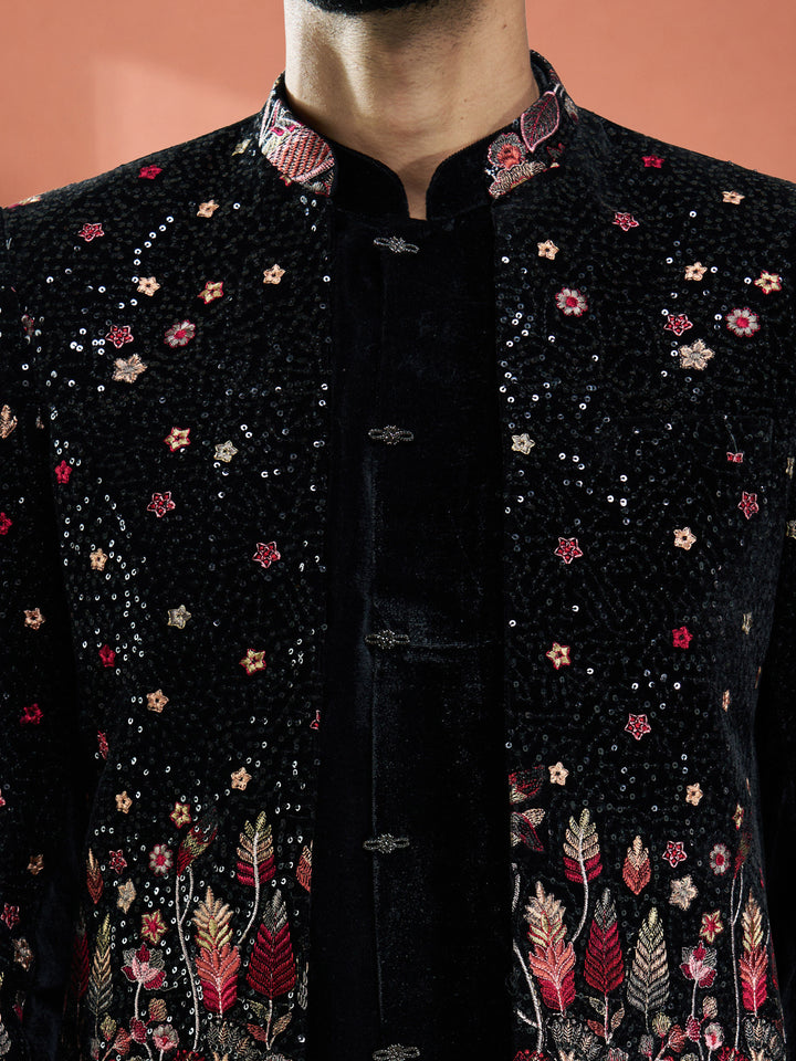 Men Black Velvet Floral Embroidered Indo-Western Bundled with Black Cotton Lycra Pants Set