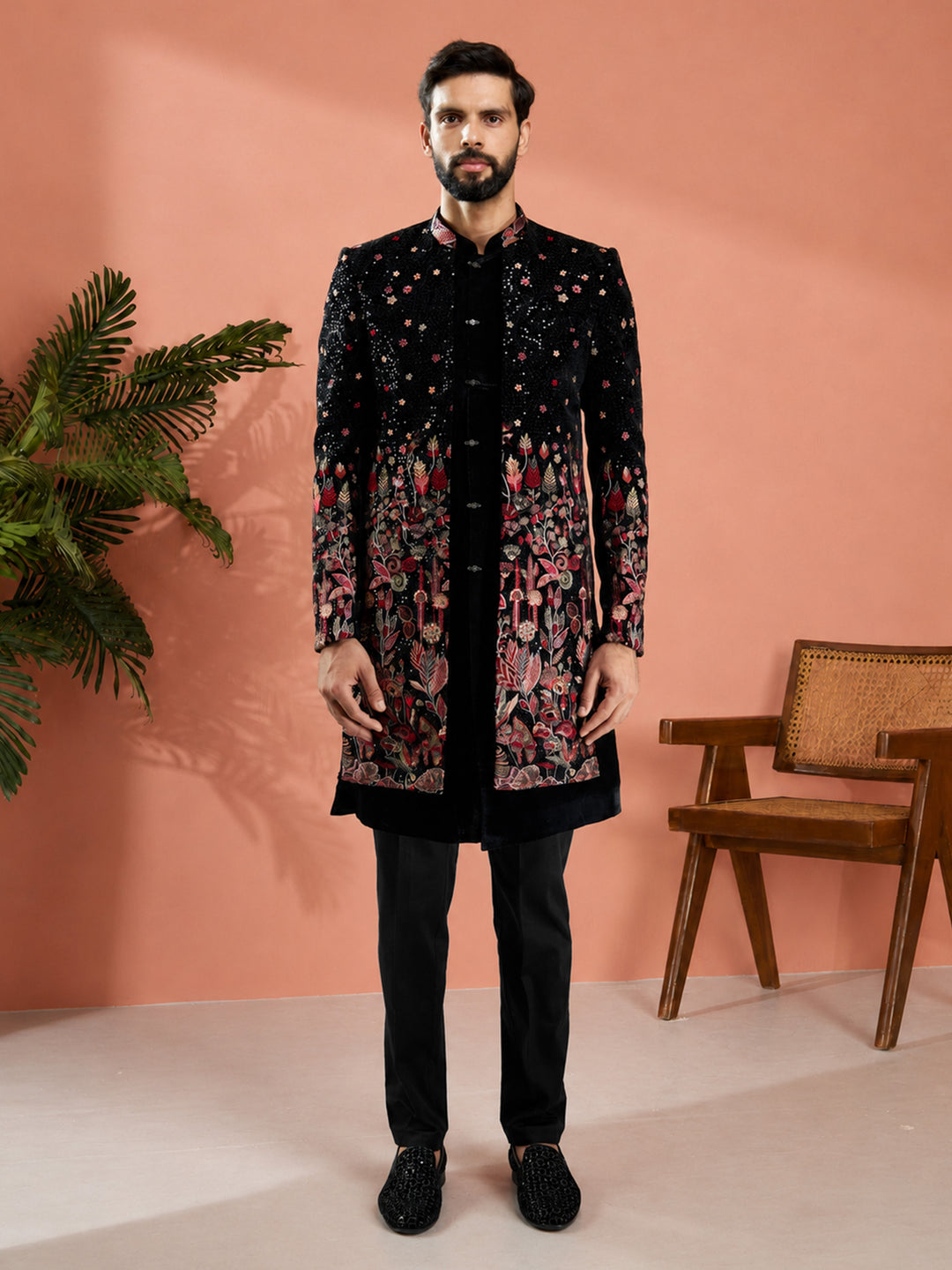 Men Black Velvet Floral Embroidered Indo-Western Bundled with Black Cotton Lycra Pants Set