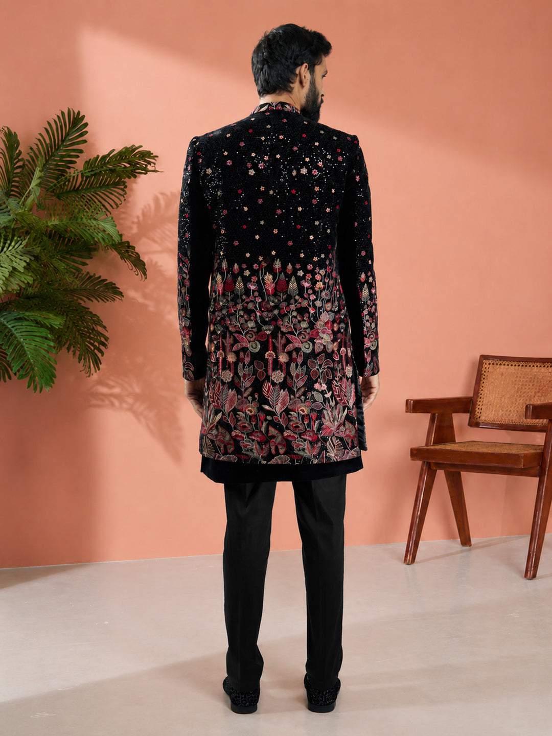 Men Black Velvet Floral Embroidered Indo-Western Bundled with Black Cotton Lycra Pants Set