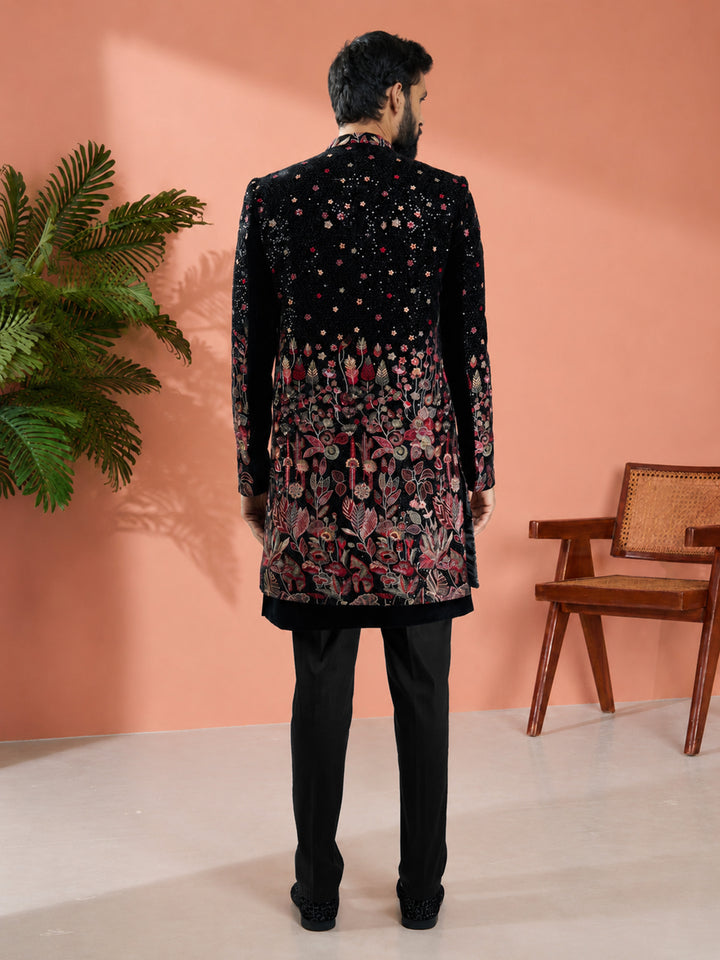 Men Black Velvet Floral Embroidered Indo-Western Bundled with Black Cotton Lycra Pants Set