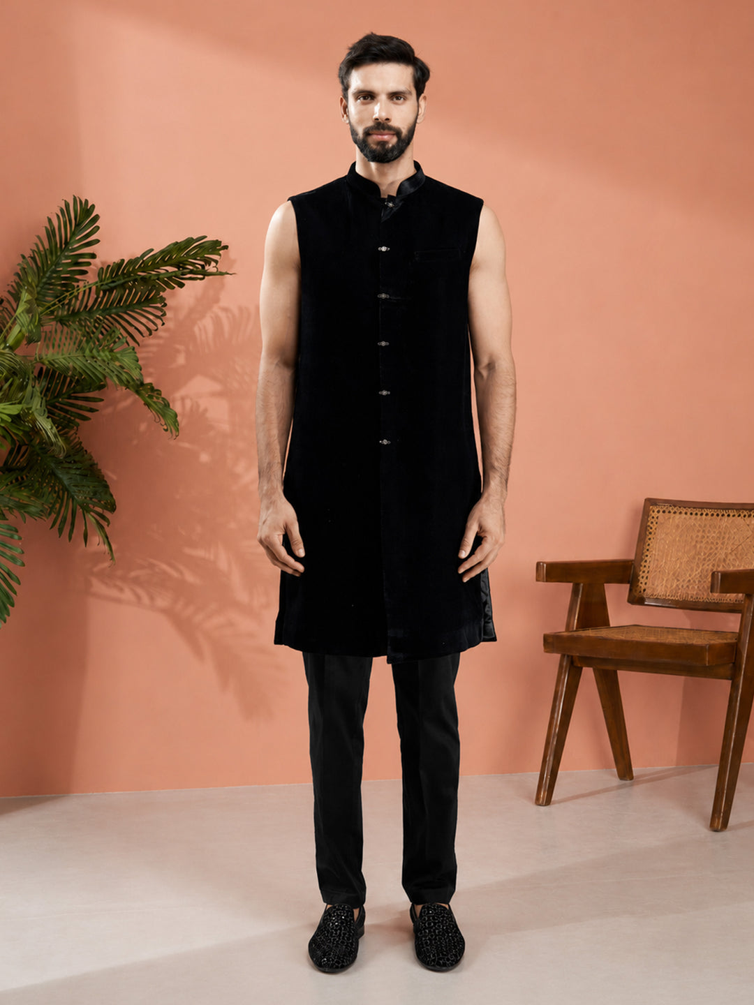 Men Black Velvet Floral Embroidered Indo-Western Bundled with Black Cotton Lycra Pants Set