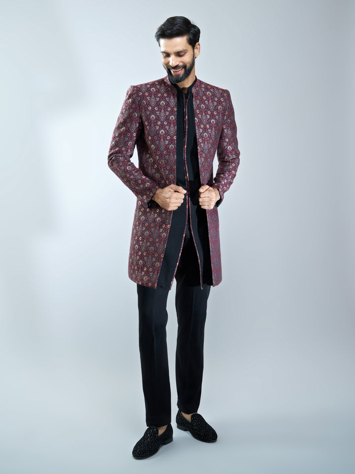 Men Maroon Jacquard Indo-Western with Black Kurta &amp; Pant Set