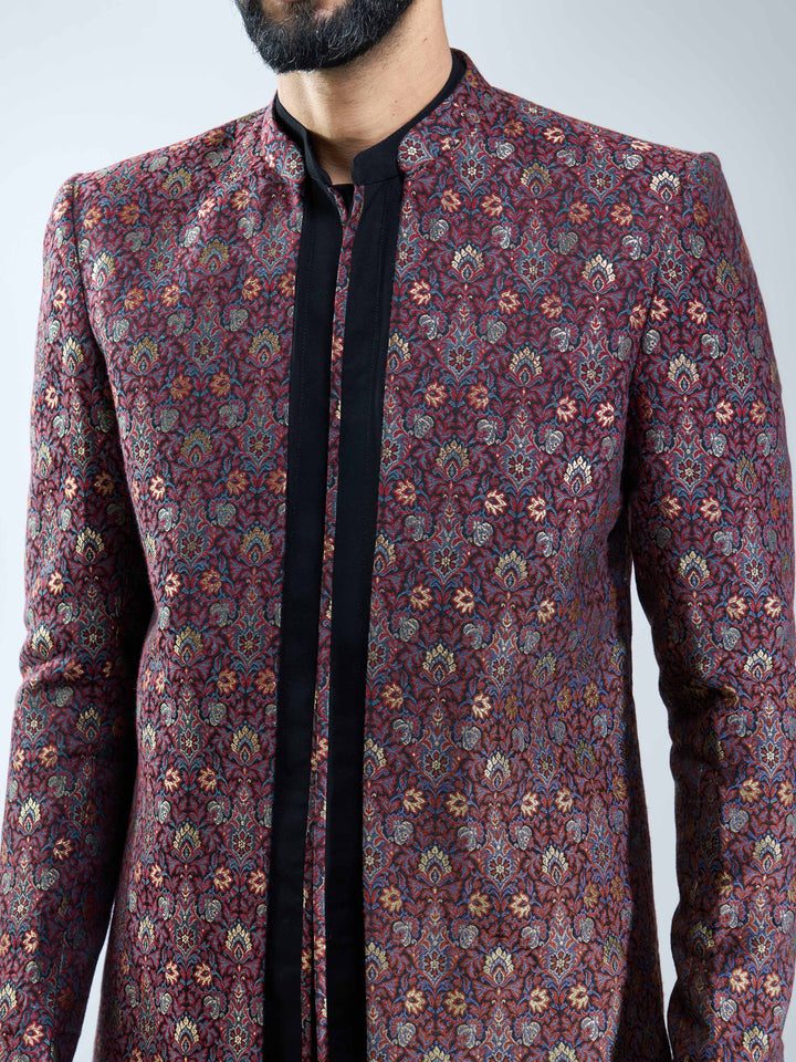 Men Maroon Jacquard Indo-Western with Black Kurta &amp; Pant Set