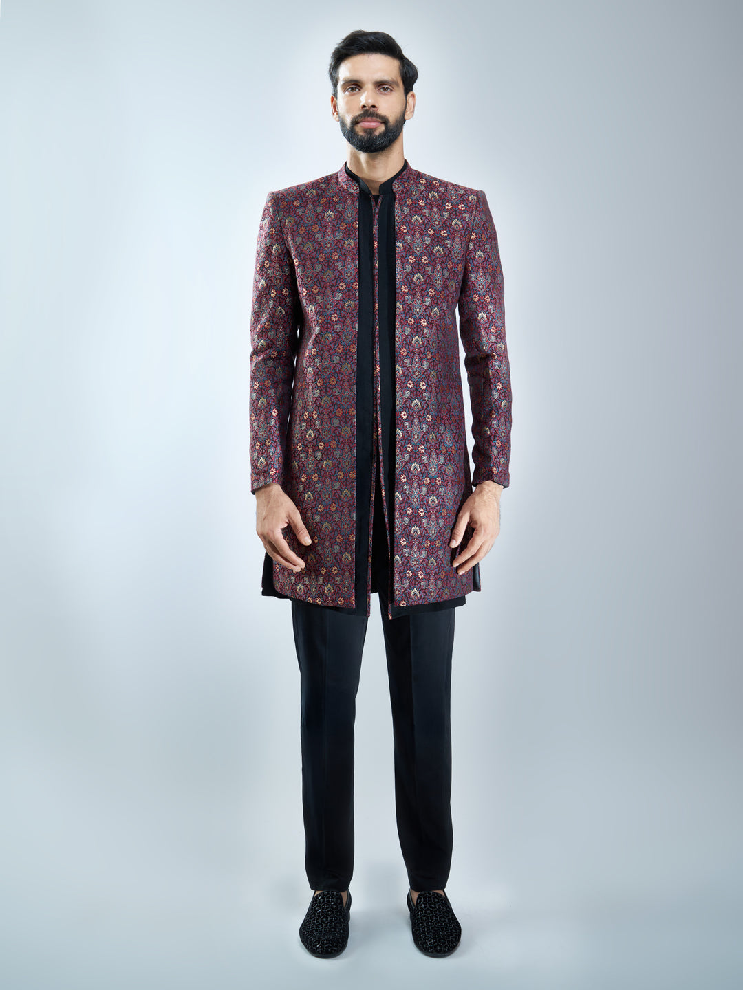 Men Maroon Jacquard Indo-Western with Black Kurta &amp; Pant Set