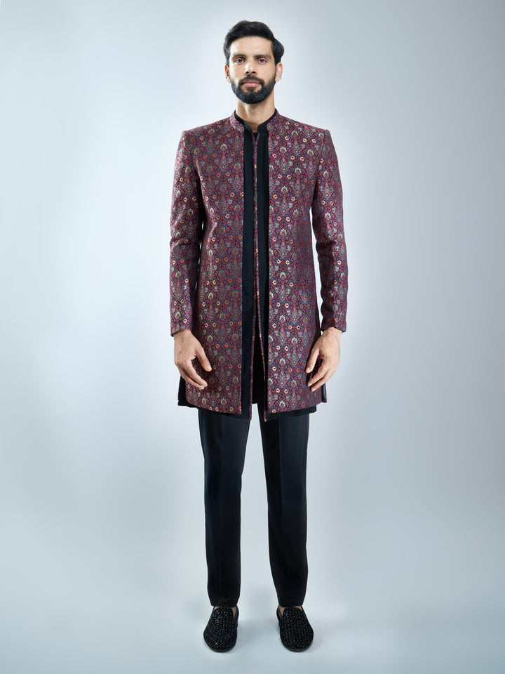 Men Maroon Jacquard Indo-Western with Black Kurta &amp; Pant Set