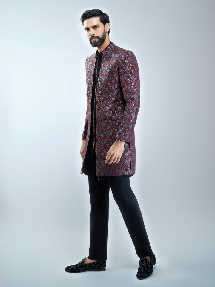 Men Maroon Jacquard Indo-Western with Black Kurta &amp; Pant Set