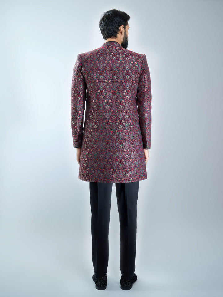Men Maroon Jacquard Indo-Western with Black Kurta &amp; Pant Set