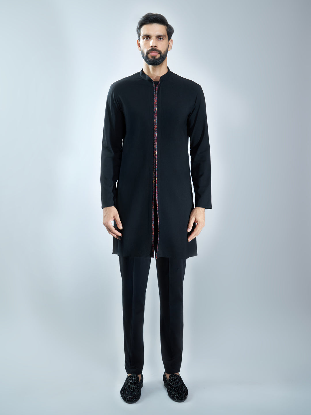 Men Maroon Jacquard Indo-Western with Black Kurta &amp; Pant Set