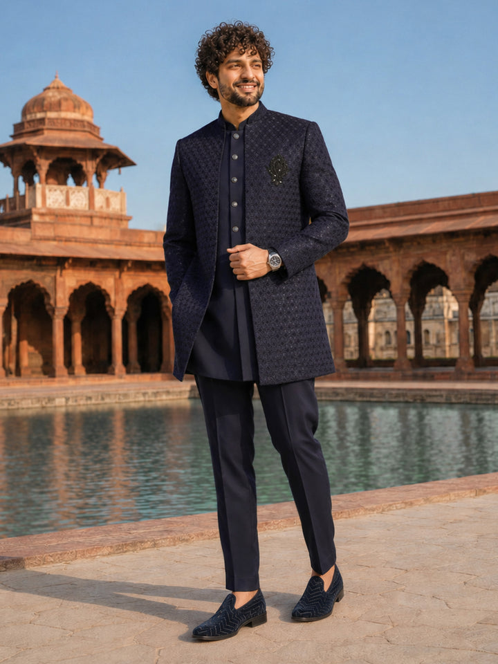 Men Navy Blue Embroidered Thread Work Knee Length Straight Pant Sherwani Set