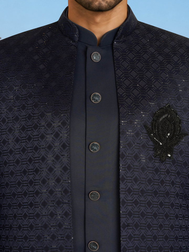 Men Navy Blue Embroidered Thread Work Knee Length Straight Pant Sherwani Set