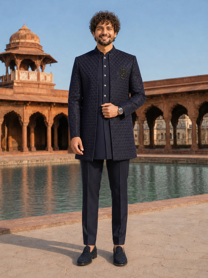 Men Navy Blue Embroidered Thread Work Knee Length Straight Pant Sherwani Set