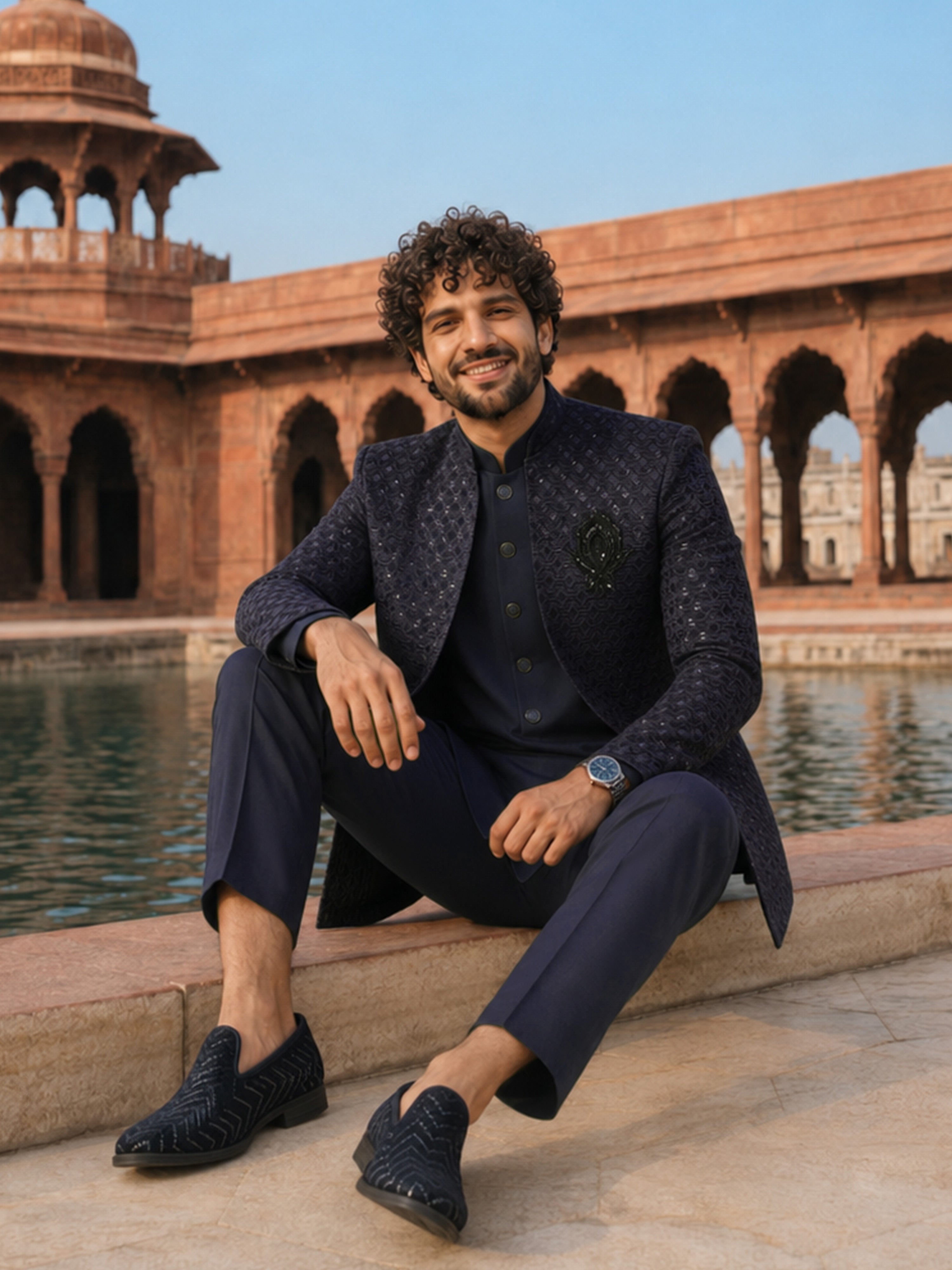 Men Navy Blue Embroidered Thread Work Knee Length Straight Pant Sherwani Set