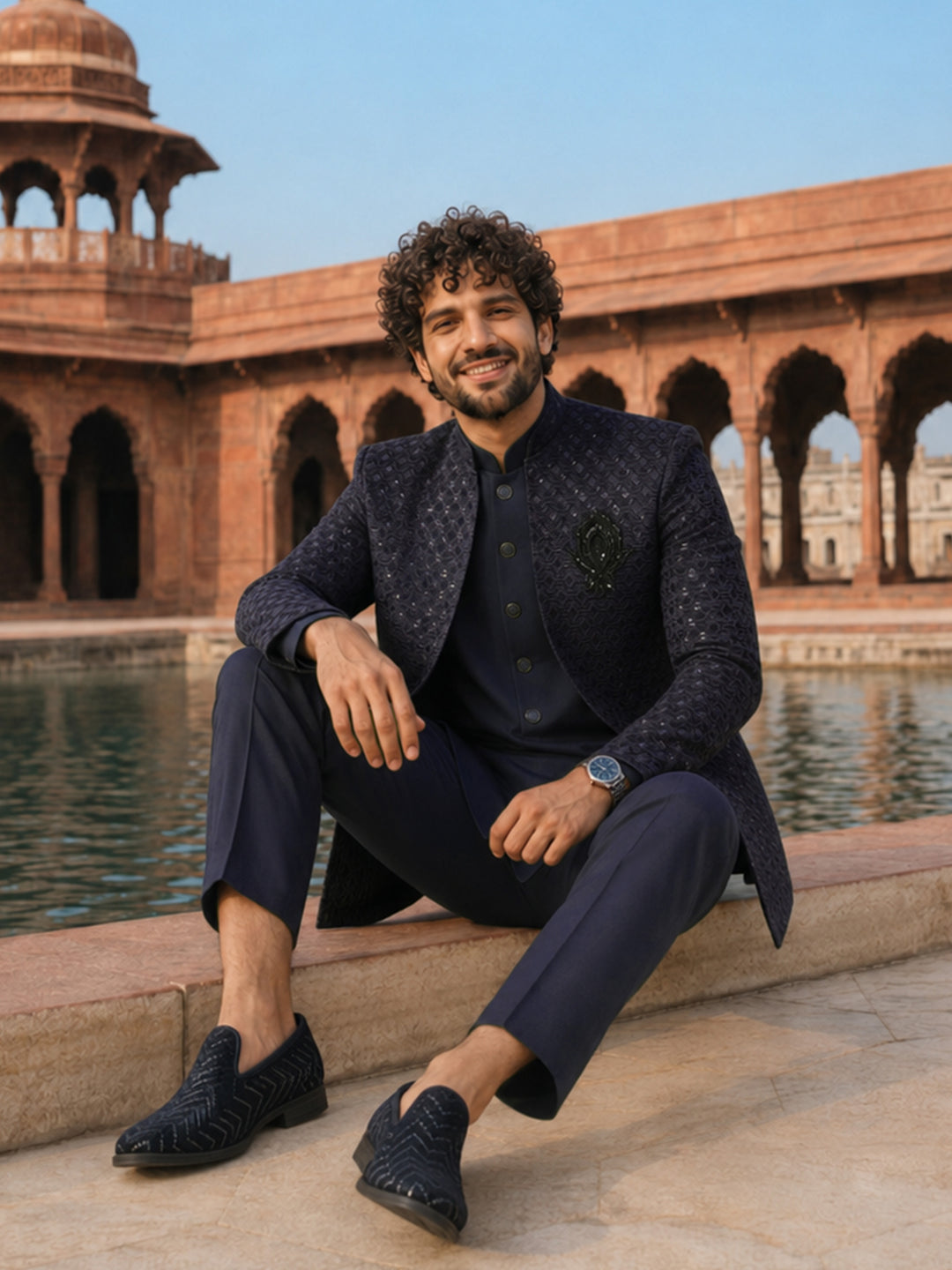 Men Navy Blue Embroidered Thread Work Knee Length Straight Pant Sherwani Set