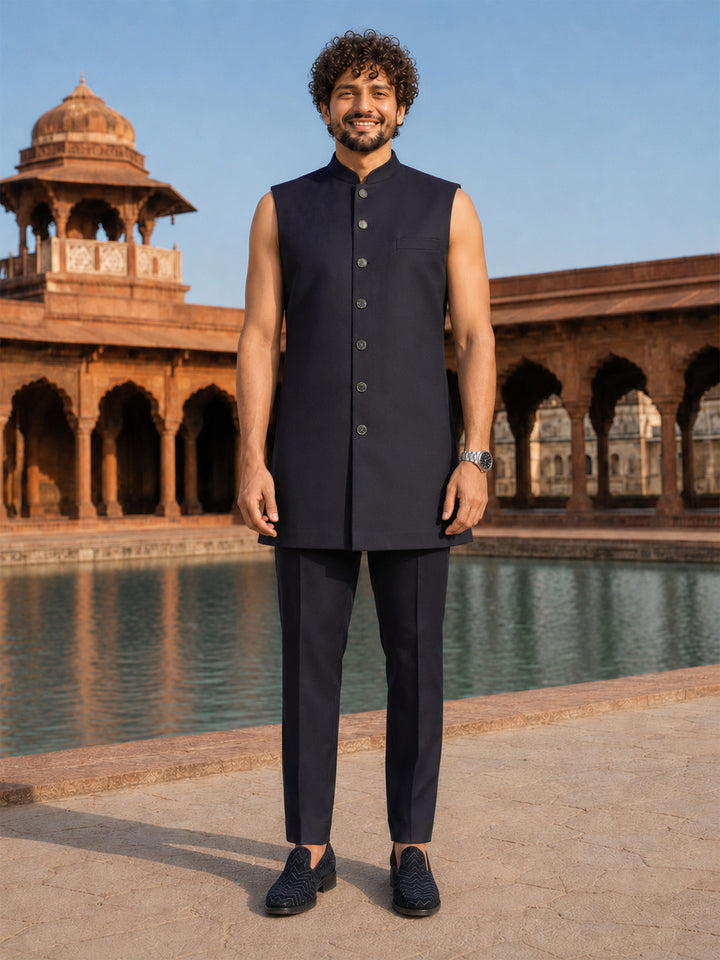 Men Navy Blue Embroidered Thread Work Knee Length Straight Pant Sherwani Set